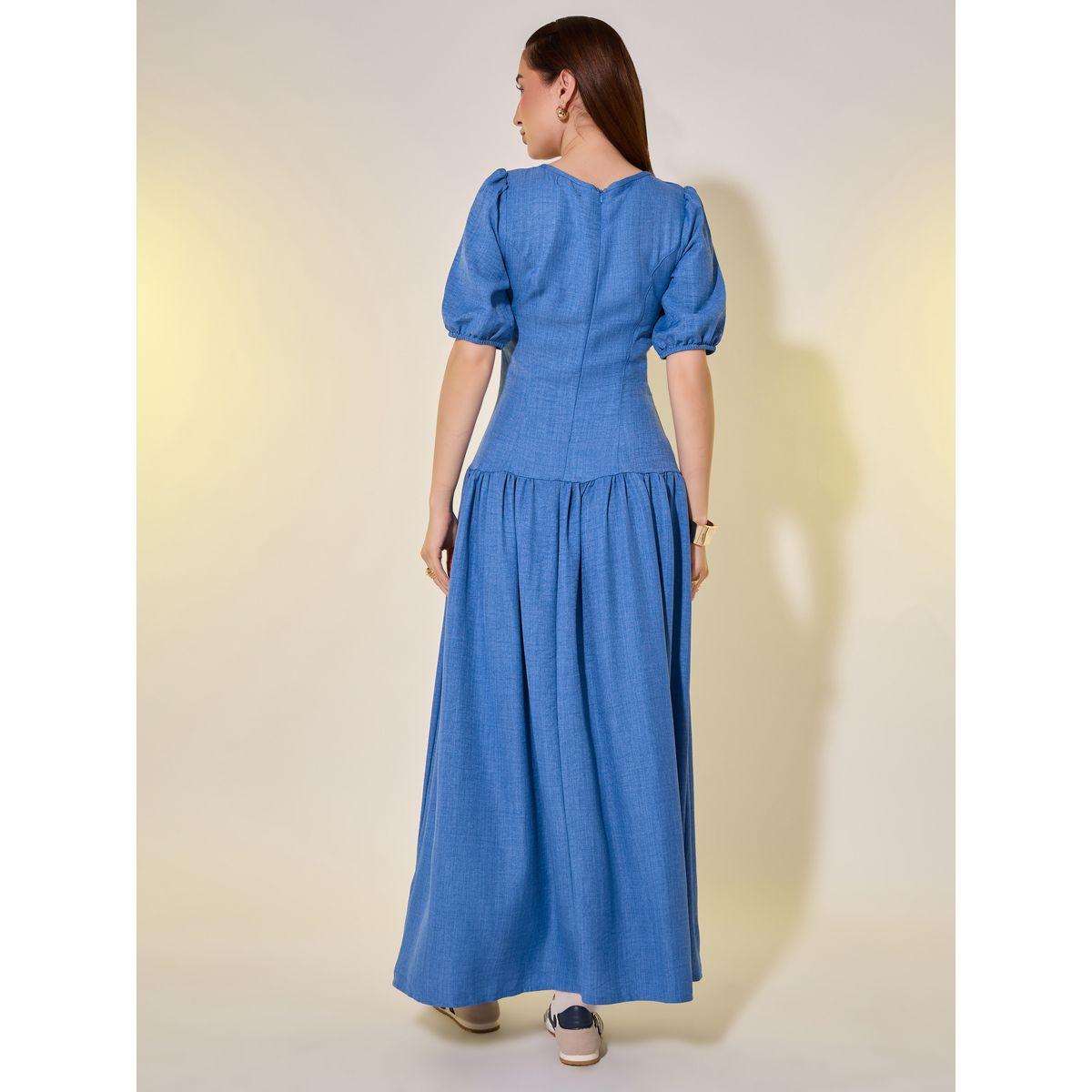 Styli Solid Puff Sleeves A-Line Maxi Dress with Button Detail-women-clothing-dresses-image-5