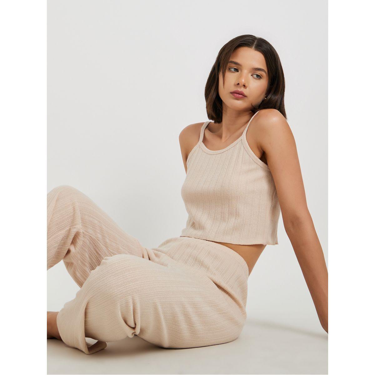 طقم بيجاما من بنطال وبلوزة كامي سادة مضلعة-women-clothing-nightwear-pyjamas-longsets-image-1