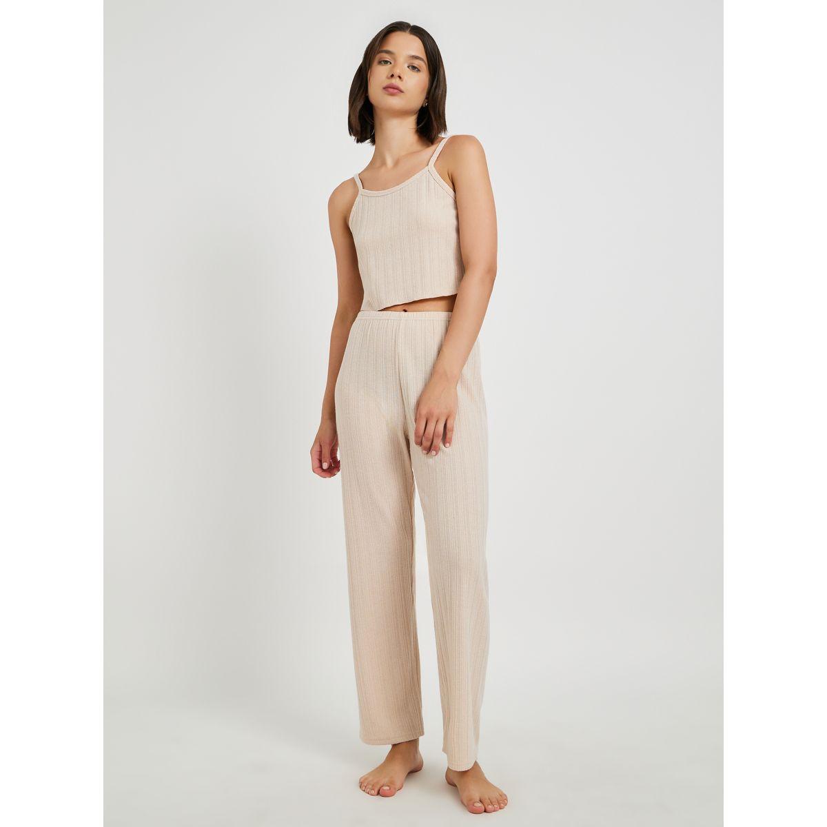 طقم بيجاما من بنطال وبلوزة كامي سادة مضلعة-women-clothing-nightwear-pyjamas-longsets-image-2