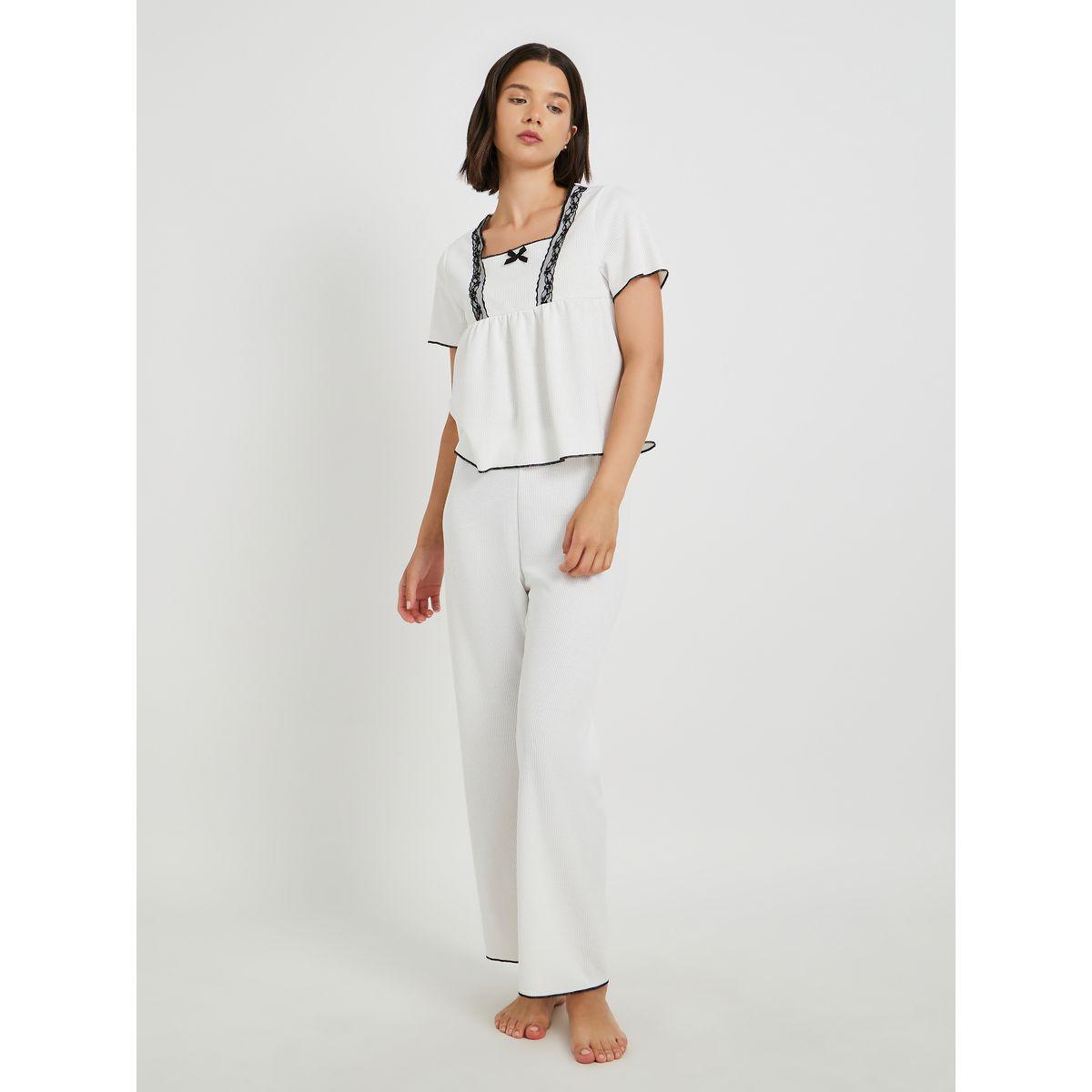 Styli Square Neck Lace Detail T-Shirt and Pyjama Set-women-clothing-nightwear-pyjamas-longsets-image-1