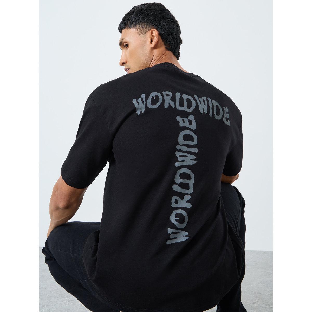 Styli Men Black Oversized T-Shirt with Worldwide Print-men-clothing-tshirtsandpolos-tshirts-image-1