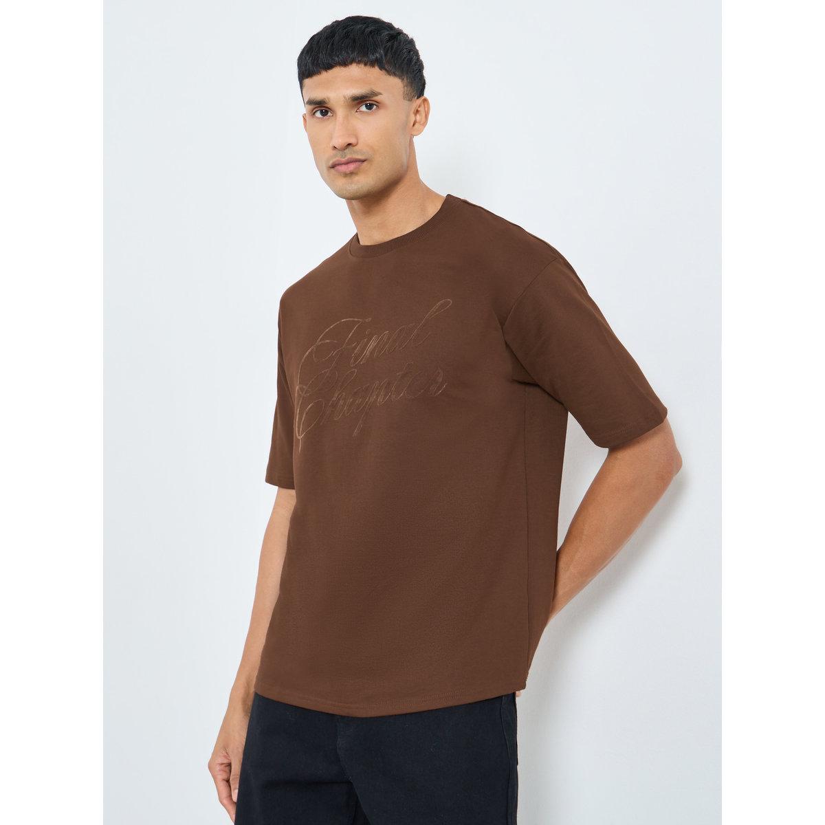 Styli Men Brown Oversized Flock Chest Print T-Shirt-men-clothing-tshirtsandpolos-tshirts-image-1