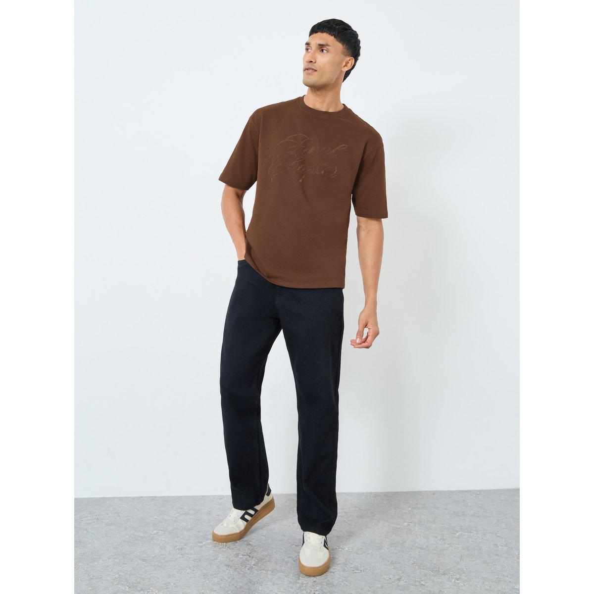Styli Men Brown Oversized Flock Chest Print T-Shirt-men-clothing-tshirtsandpolos-tshirts-image-2
