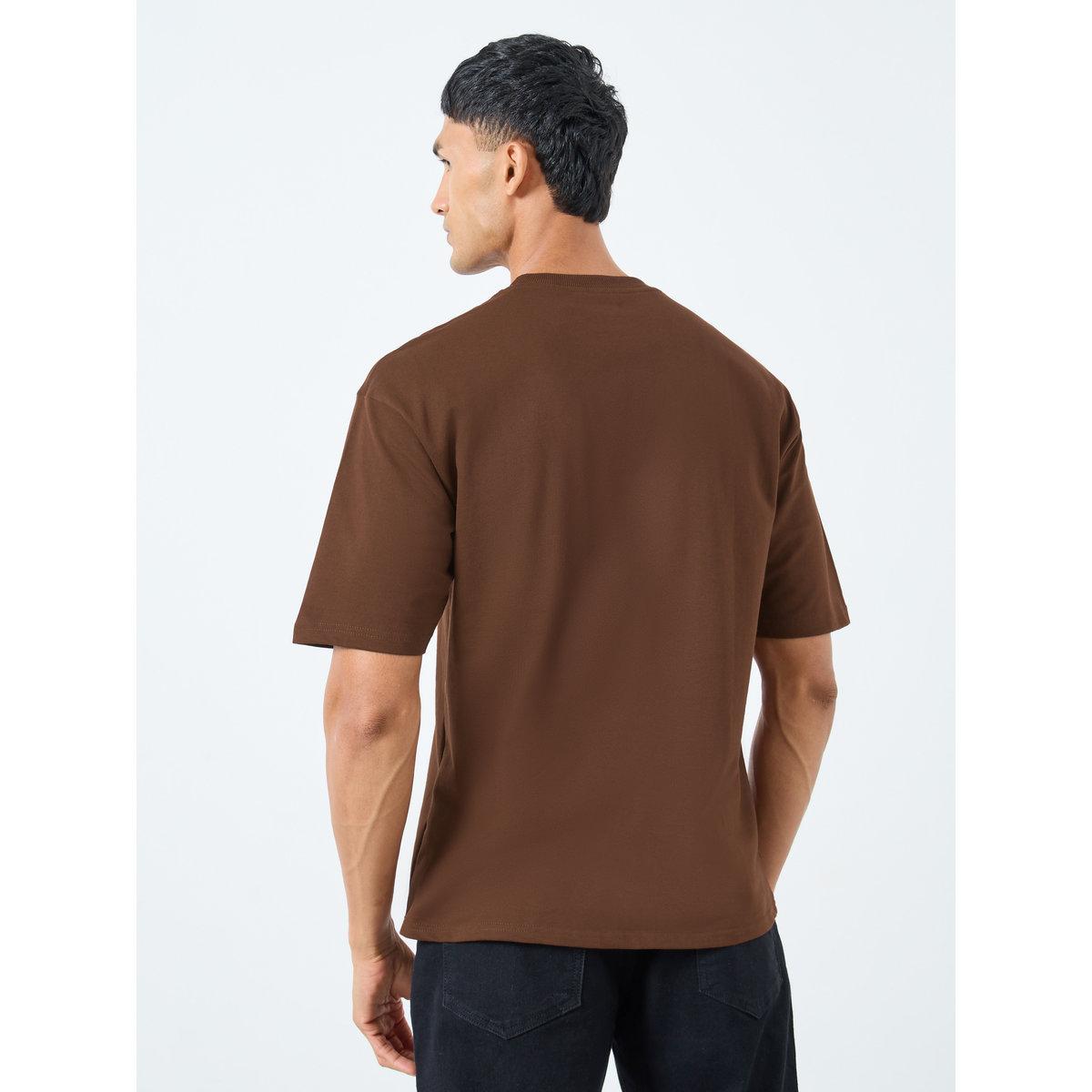 Styli Men Brown Oversized Flock Chest Print T-Shirt-men-clothing-tshirtsandpolos-tshirts-image-4