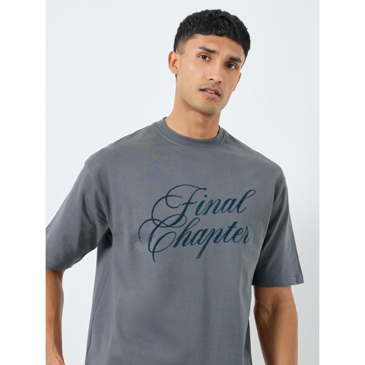 Styli Men Grey Oversized Flock Chest Print T-Shirt-men-clothing-tshirtsandpolos-tshirts-image-1