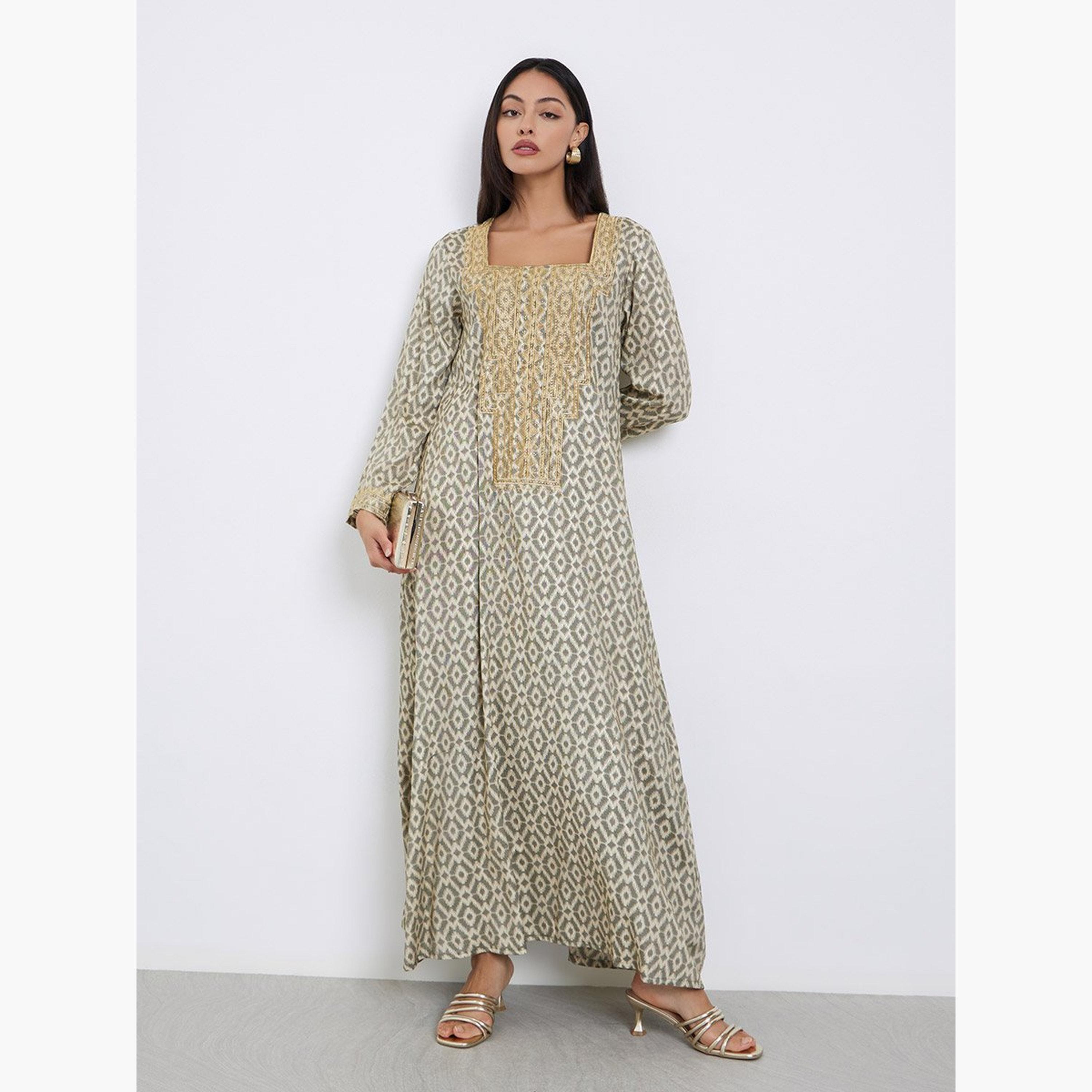 Styli Green All Over Print Jalabiya with Embroidered Yoke-women-arabicclothing-jalabiyas-image-1