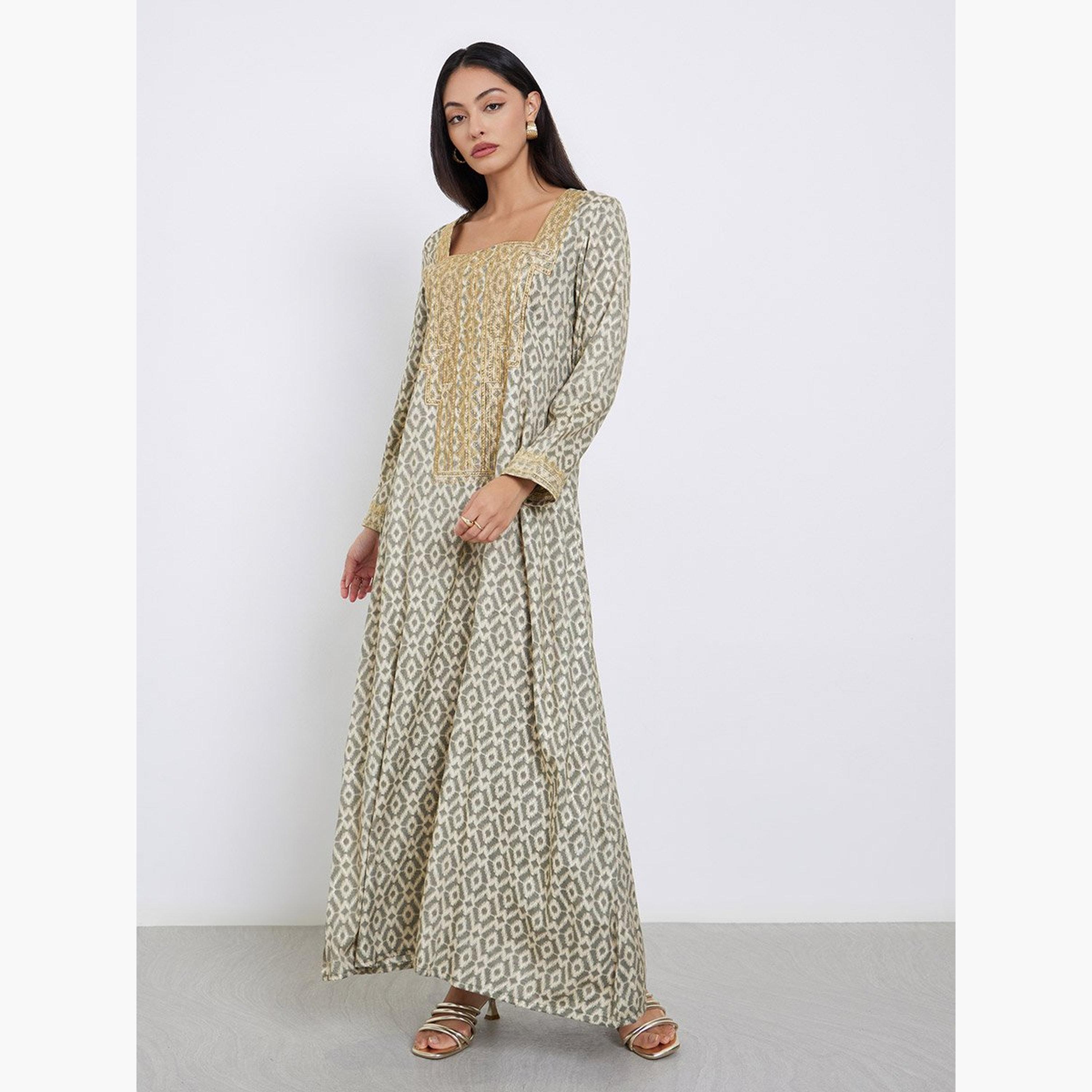 Styli Green All Over Print Jalabiya with Embroidered Yoke-women-arabicclothing-jalabiyas-image-2