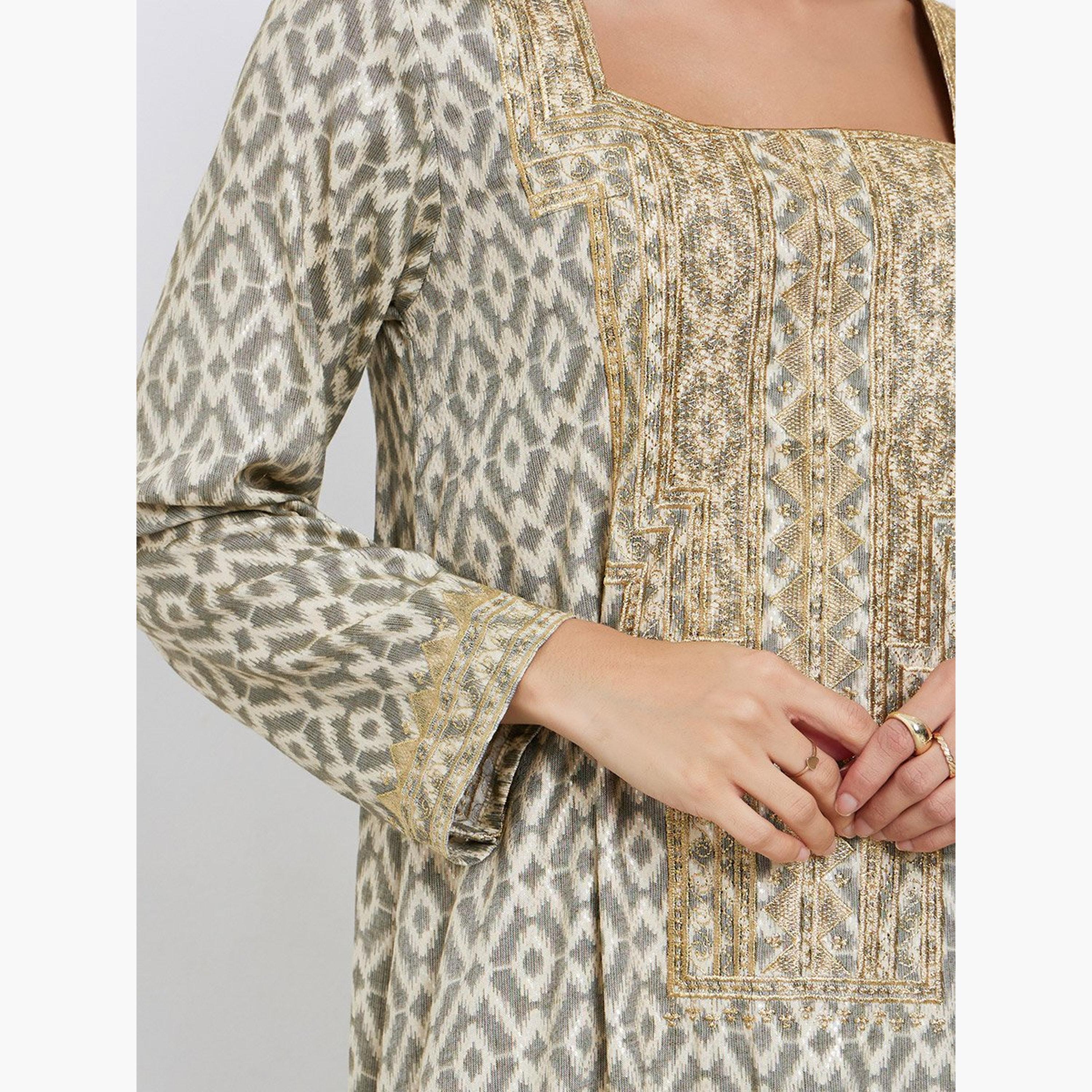 Styli Green All Over Print Jalabiya with Embroidered Yoke-women-arabicclothing-jalabiyas-image-4