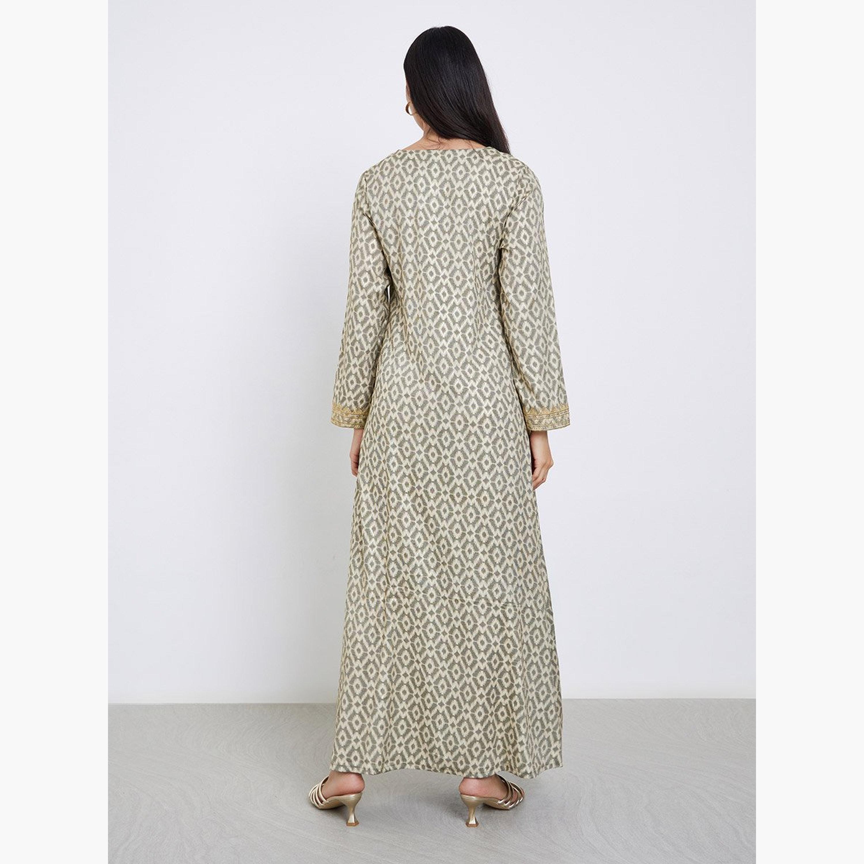 Styli Green All Over Print Jalabiya with Embroidered Yoke-women-arabicclothing-jalabiyas-image-5