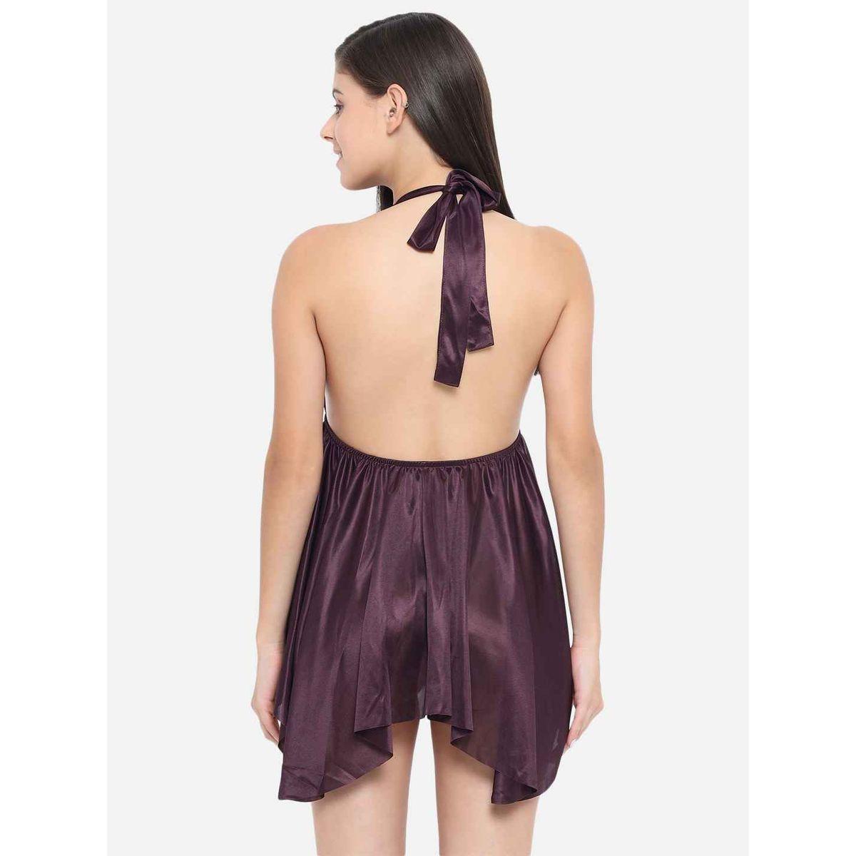 KLAMOTTEN Solid Halter Neck Asymmetric Hem Satin Babydoll-women-clothing-lingerie-babydollsandbodysuits-image-1
