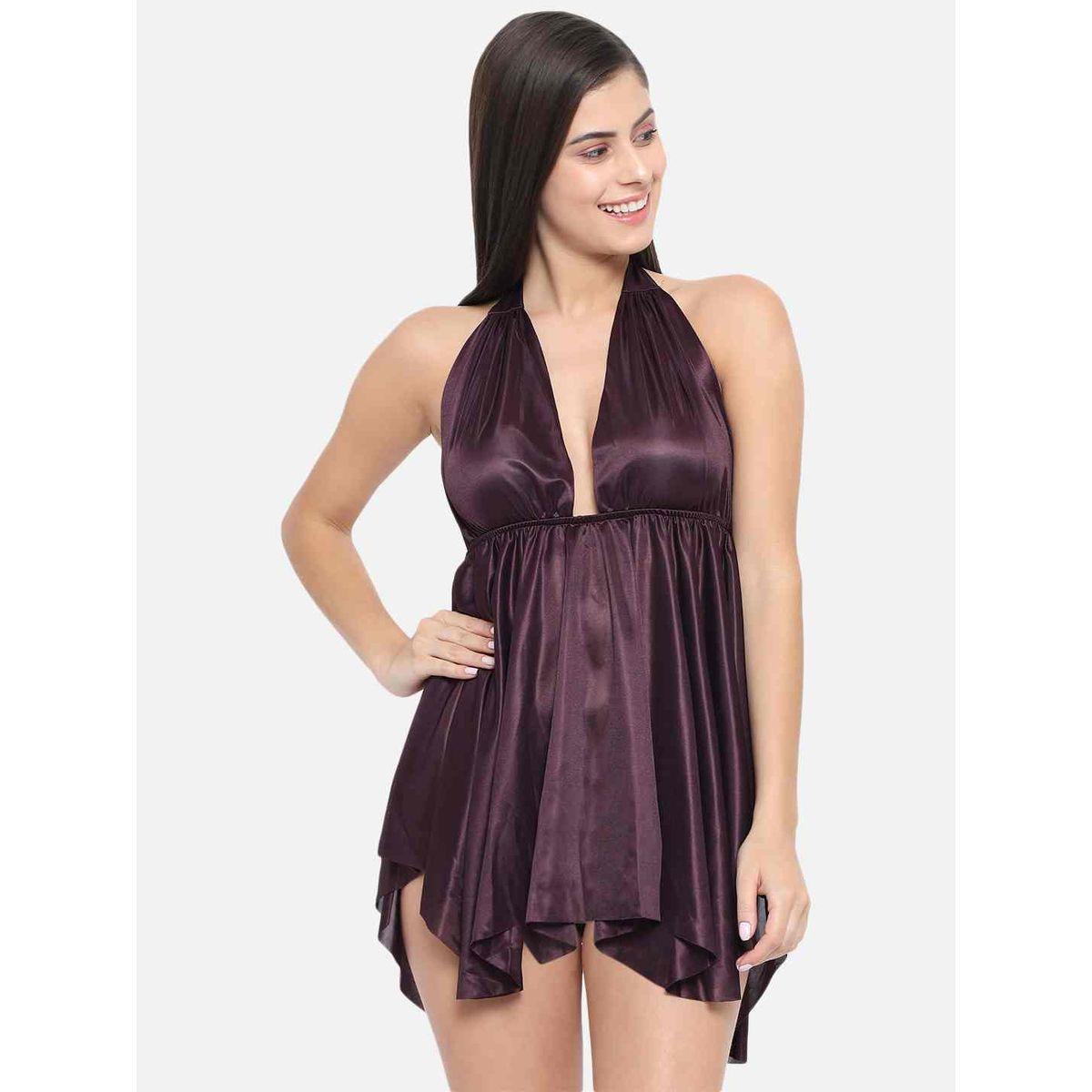 KLAMOTTEN Solid Halter Neck Asymmetric Hem Satin Babydoll-women-clothing-lingerie-babydollsandbodysuits-image-4