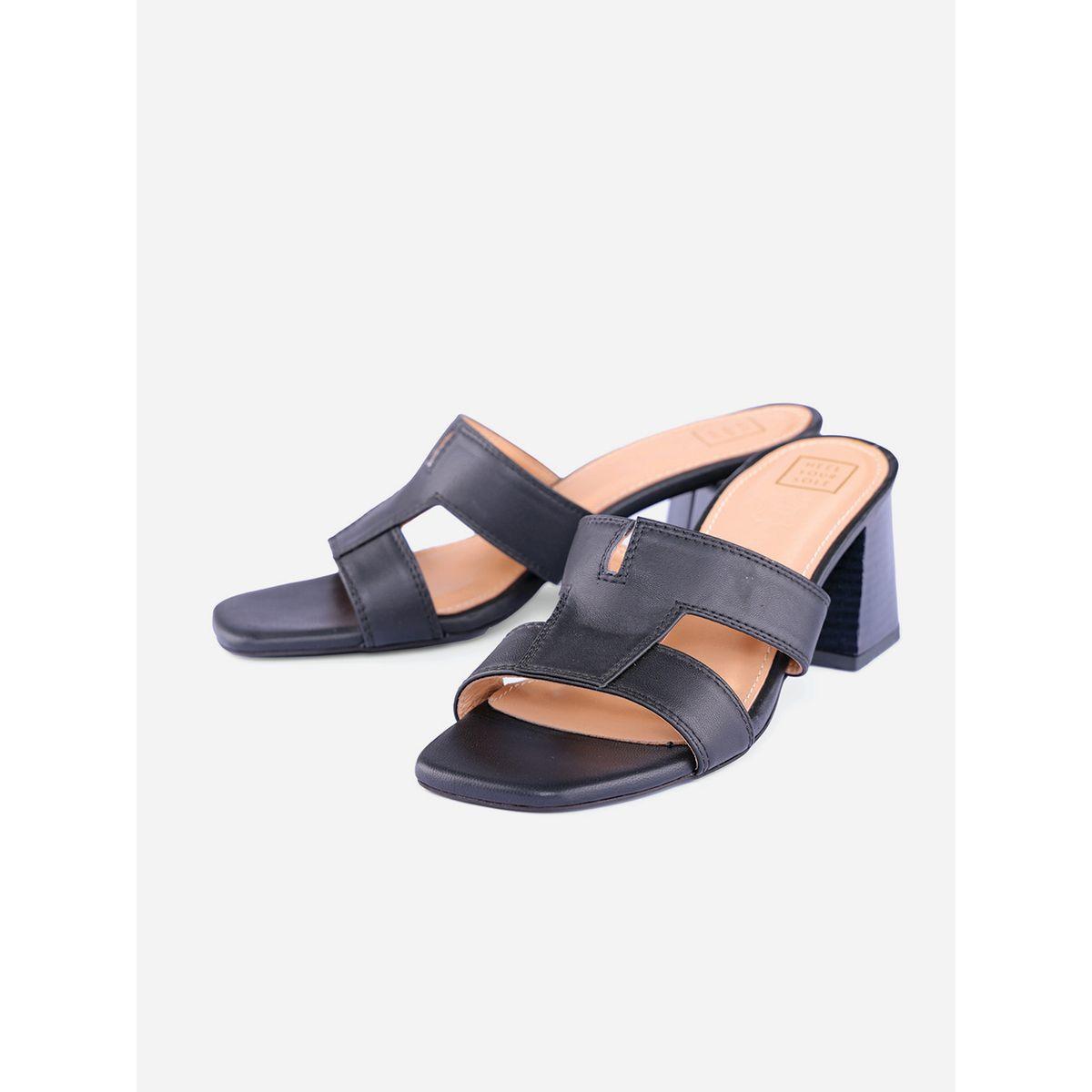 Heel Your Sole X Styli Women Black Plain Leather Block Heel Sandals-women-shoes-heels-image-2