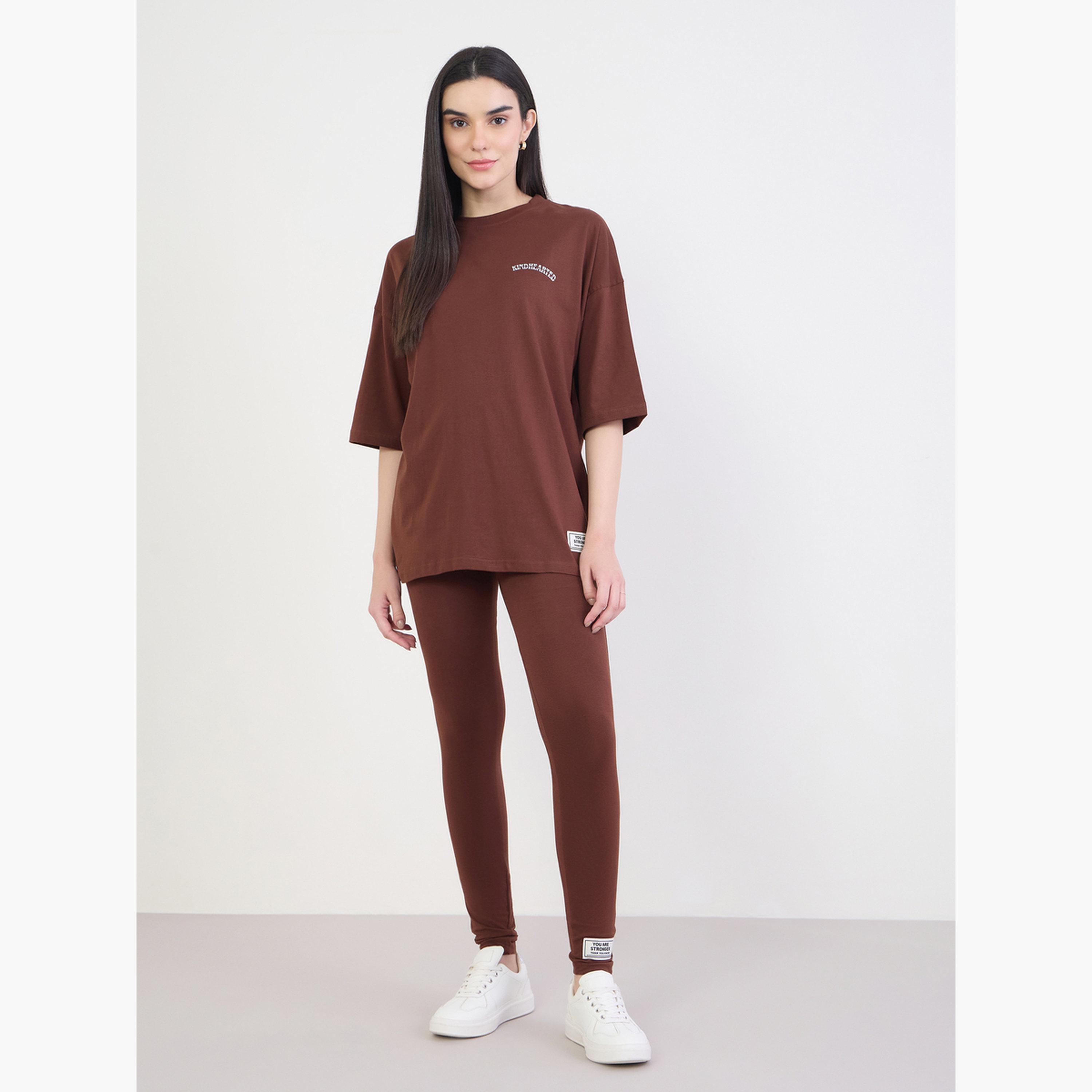 Styli Women Brown Oversized T-Shirt and Leggings Co-Ords-women-clothing-coordsets-image-1