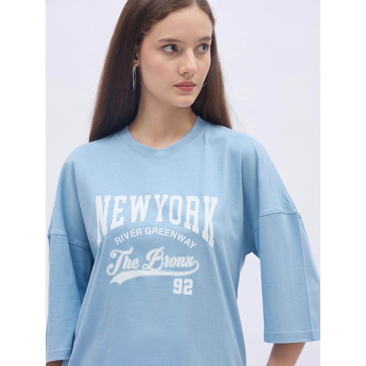 Styli Blue NY Print Oversized T-Shirt and Wide Leg Joggers Co-Ords-women-clothing-coordsets-image-4