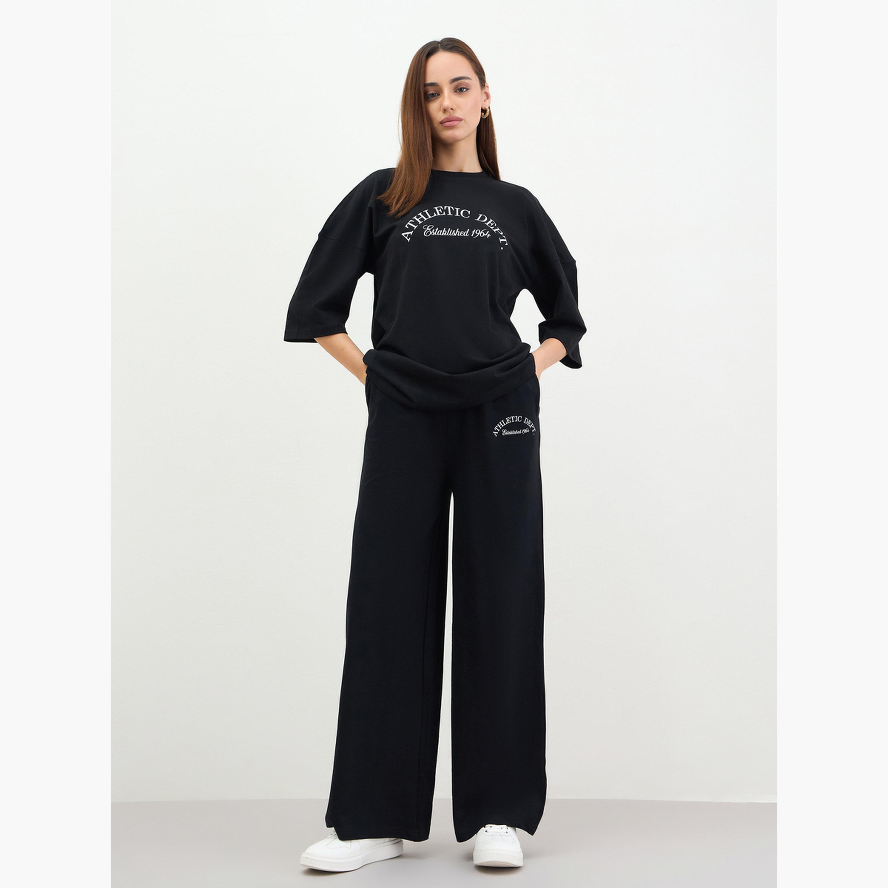 Styli Black Oversized Graphic Print Top and Joggers Co-Ords-women-clothing-coordsets-image-1