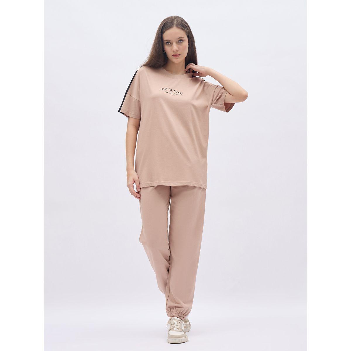 Styli Beige Oversized Slogan T-Shirt and Cuffed Joggers Set-women-clothing-coordsets-image-2