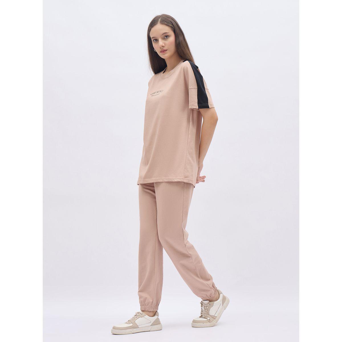 Styli Beige Oversized Slogan T-Shirt and Cuffed Joggers Set-women-clothing-coordsets-image-3