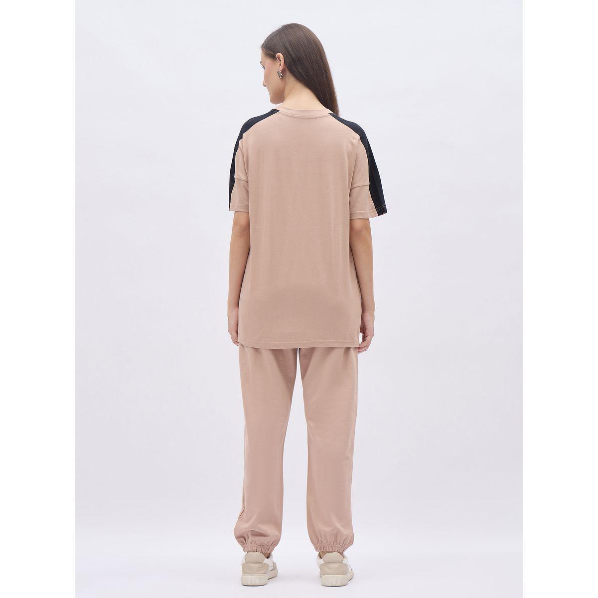 Styli Beige Oversized Slogan T-Shirt and Cuffed Joggers Set-women-clothing-coordsets-image-5