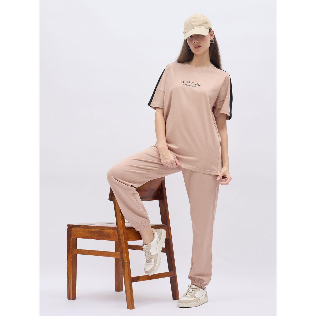 Styli Beige Oversized Slogan T-Shirt and Cuffed Joggers Set-women-clothing-coordsets-image-6