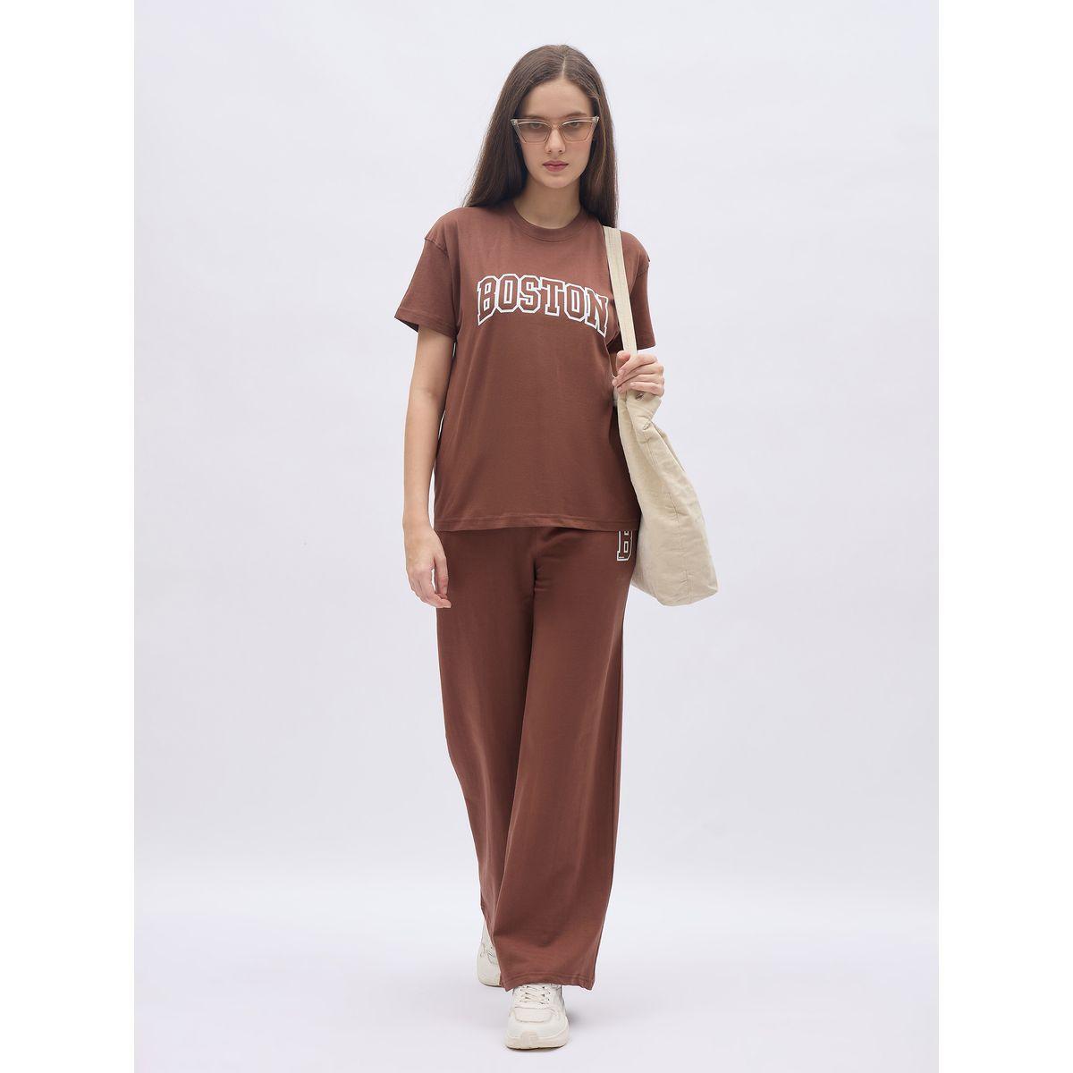 Styli Brown Graphic Boxy T-Shirt and Wide Leg Joggers Co-Ords-women-clothing-coordsets-image-1