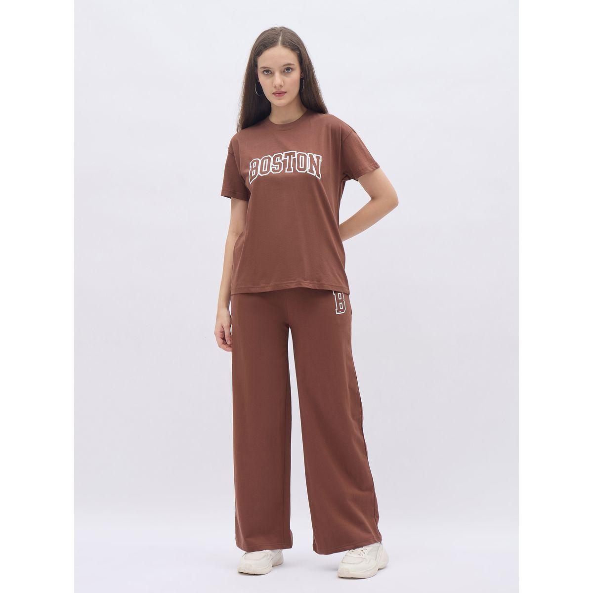 Styli Brown Graphic Boxy T-Shirt and Wide Leg Joggers Co-Ords-women-clothing-coordsets-image-2