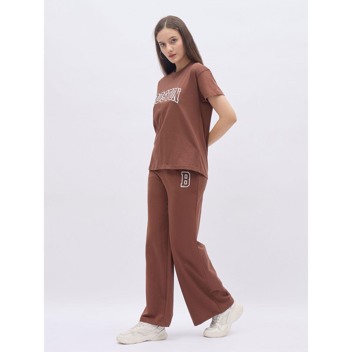 Styli Brown Graphic Boxy T-Shirt and Wide Leg Joggers Co-Ords-women-clothing-coordsets-image-3