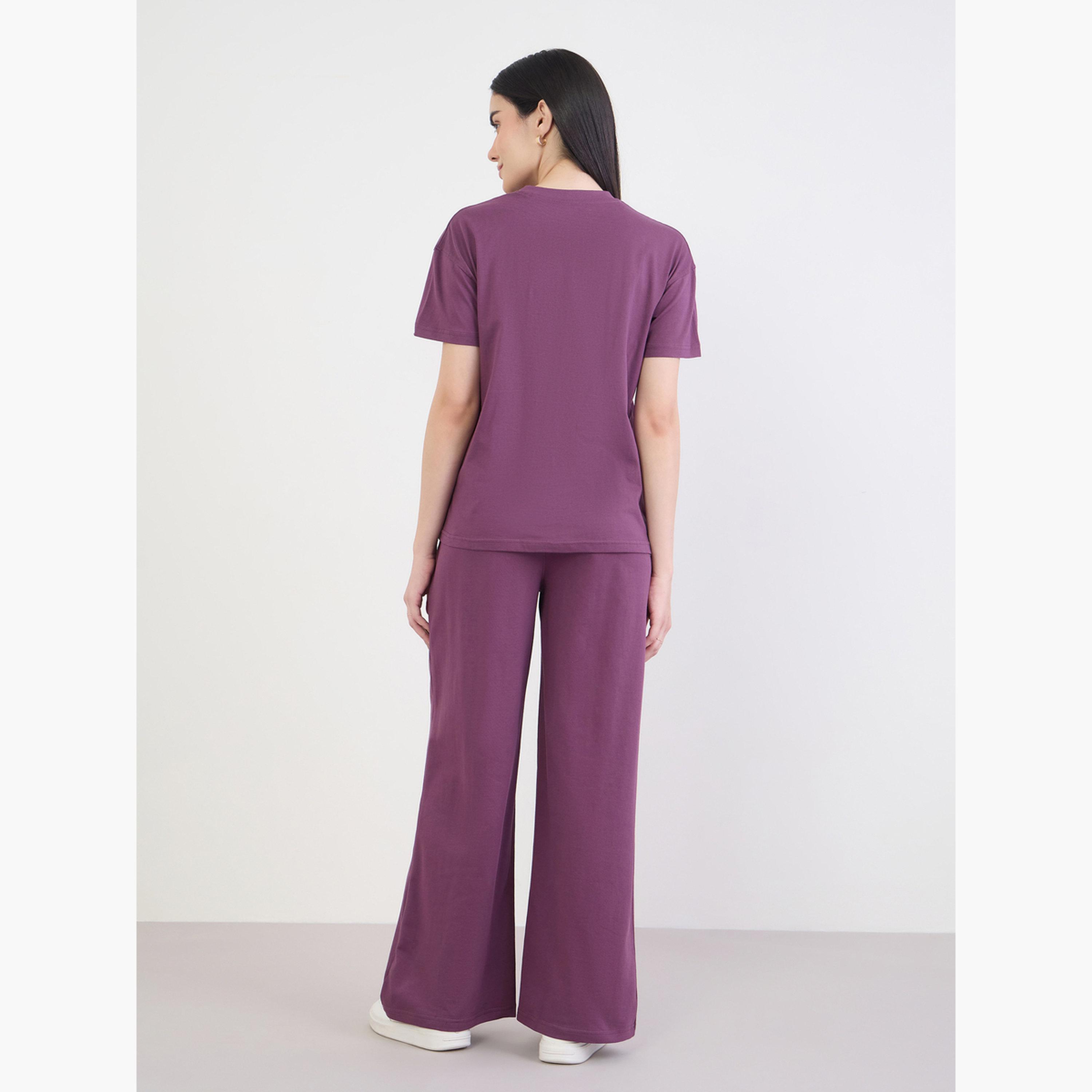 Styli Purple Slogan Boxy T-Shirt and Wide Leg Joggers Co-Ords-women-clothing-coordsets-image-2