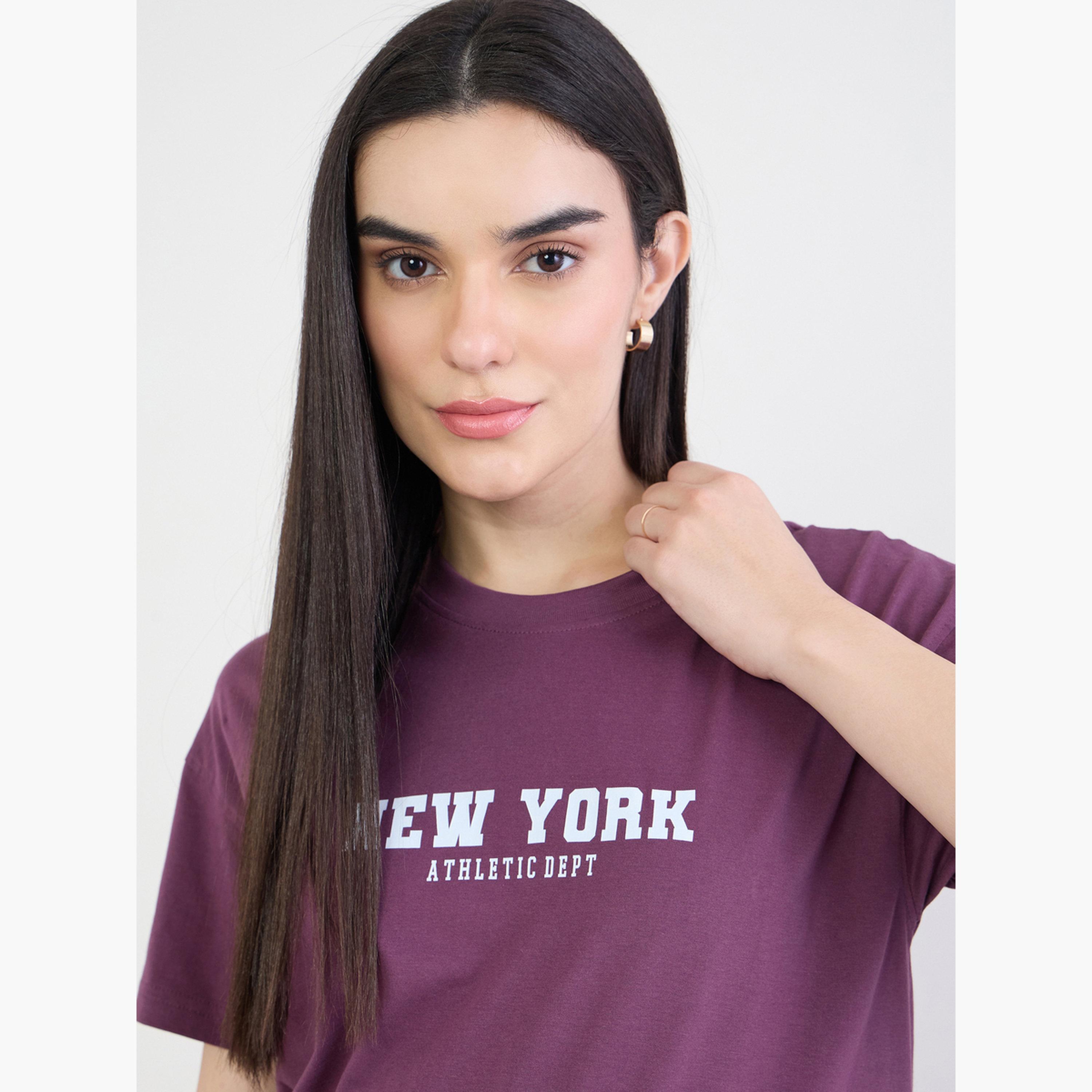 Styli Purple Slogan Boxy T-Shirt and Wide Leg Joggers Co-Ords-women-clothing-coordsets-image-3