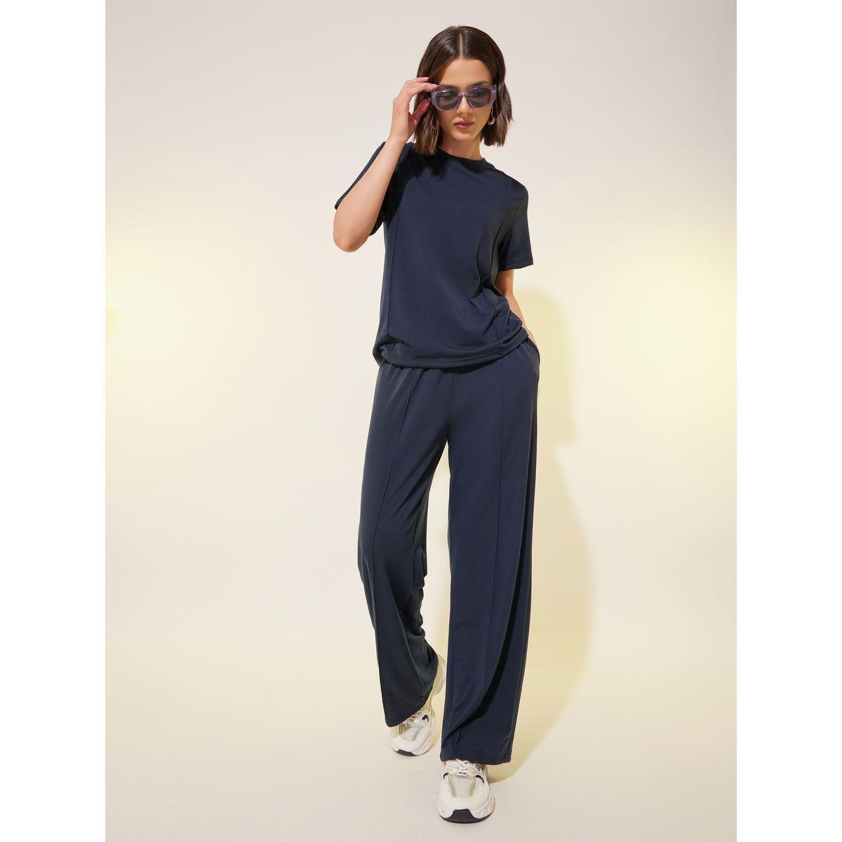 Styli Solid Short Sleeve T-Shirt and Wide Leg Pants Co-Ords-women-clothing-coordsets-image-1