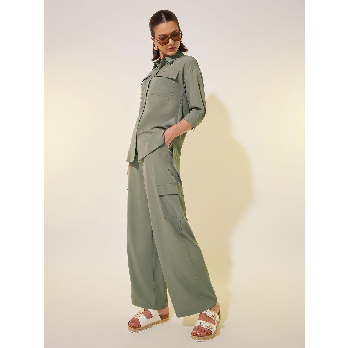 Styli Solid 3/4 Sleeve Pocket Detail Shirt and Pants Co-Ords-women-clothing-coordsets-image-1
