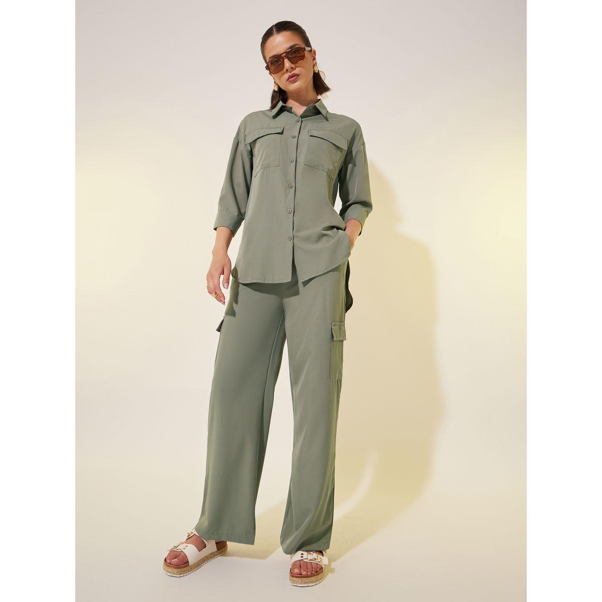 Styli Solid 3/4 Sleeve Pocket Detail Shirt and Pants Co-Ords-women-clothing-coordsets-image-2