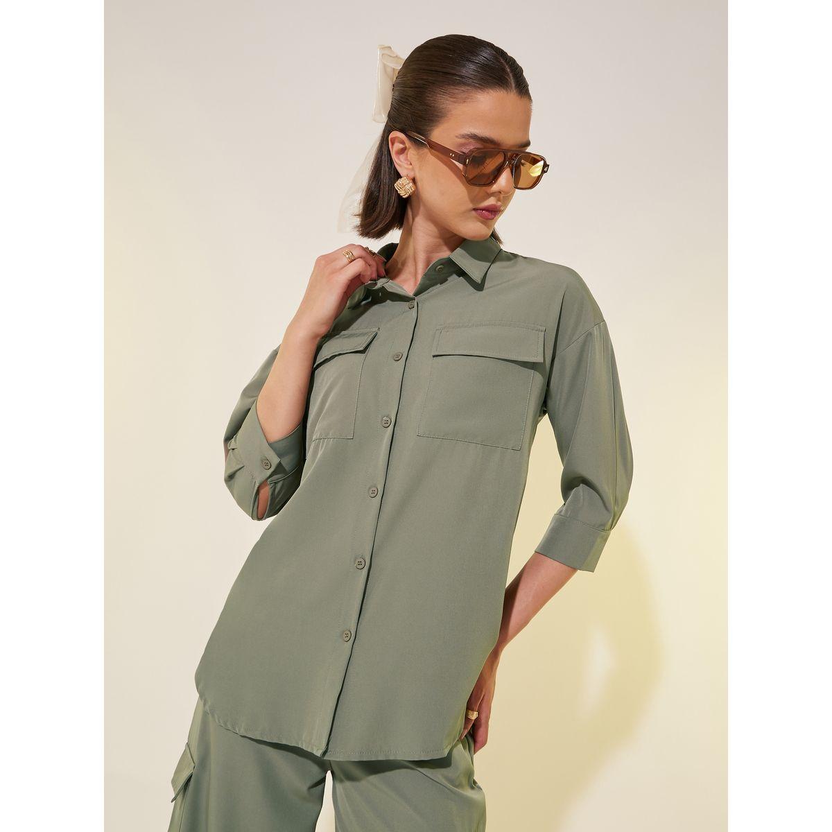 Styli Solid 3/4 Sleeve Pocket Detail Shirt and Pants Co-Ords-women-clothing-coordsets-image-3