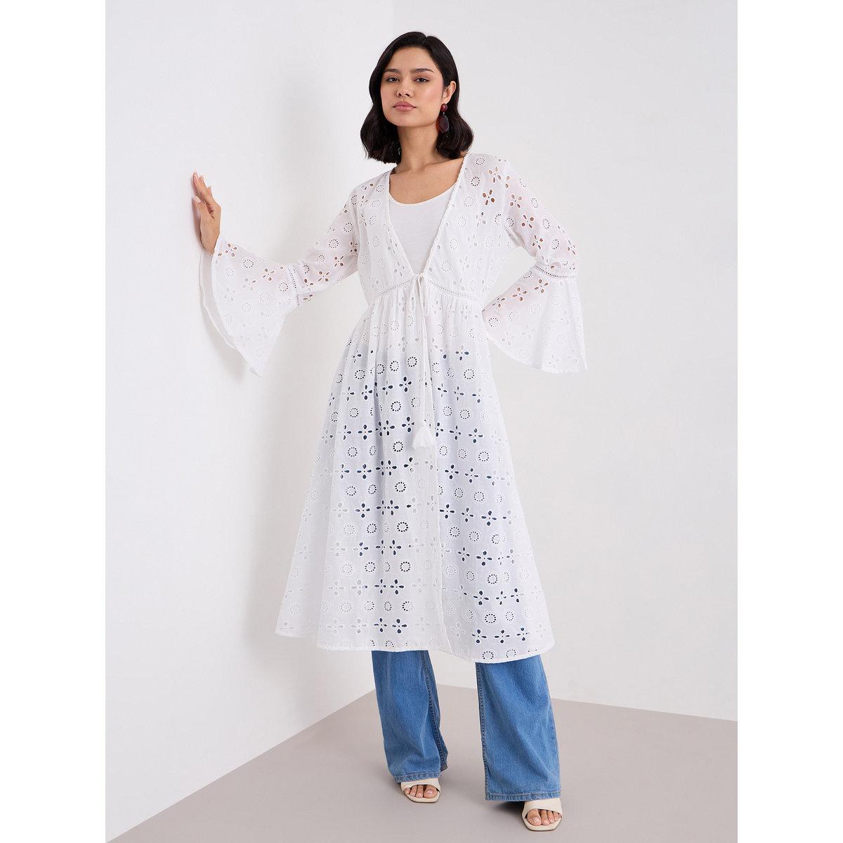 Styli White Schiffli Abaya with Tie-Front-women-arabicclothing-abayas-image-2