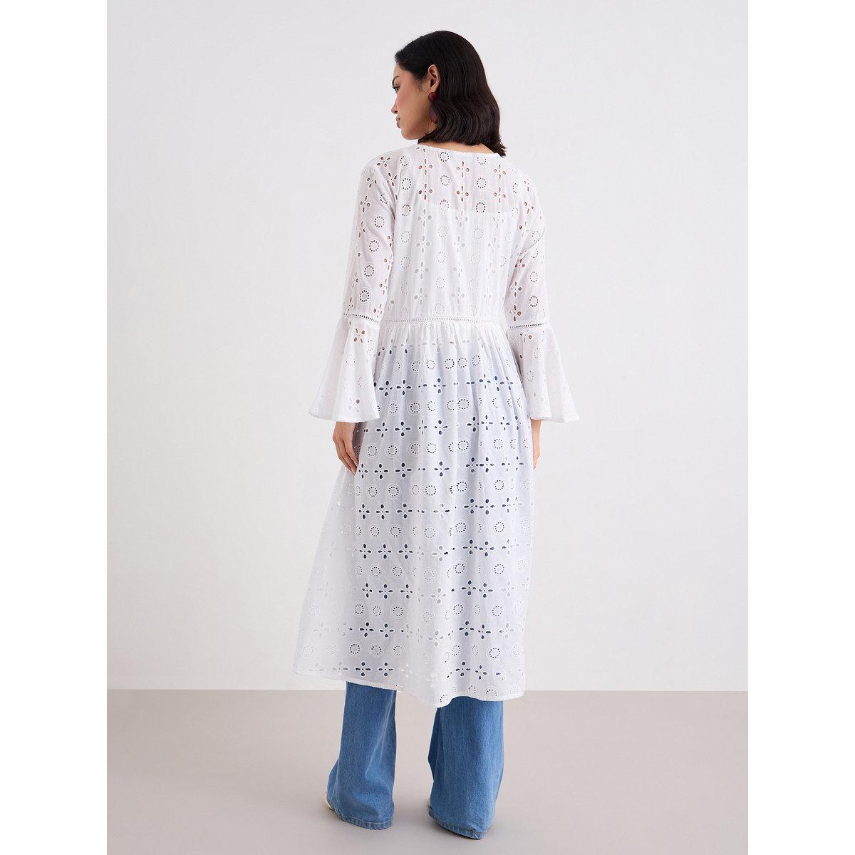 Styli White Schiffli Abaya with Tie-Front-women-arabicclothing-abayas-image-4