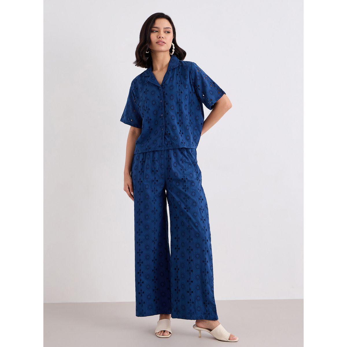 Styli Women Navy Blue Schiffli Shirt and Pants Co-Ords-women-clothing-coordsets-image-2