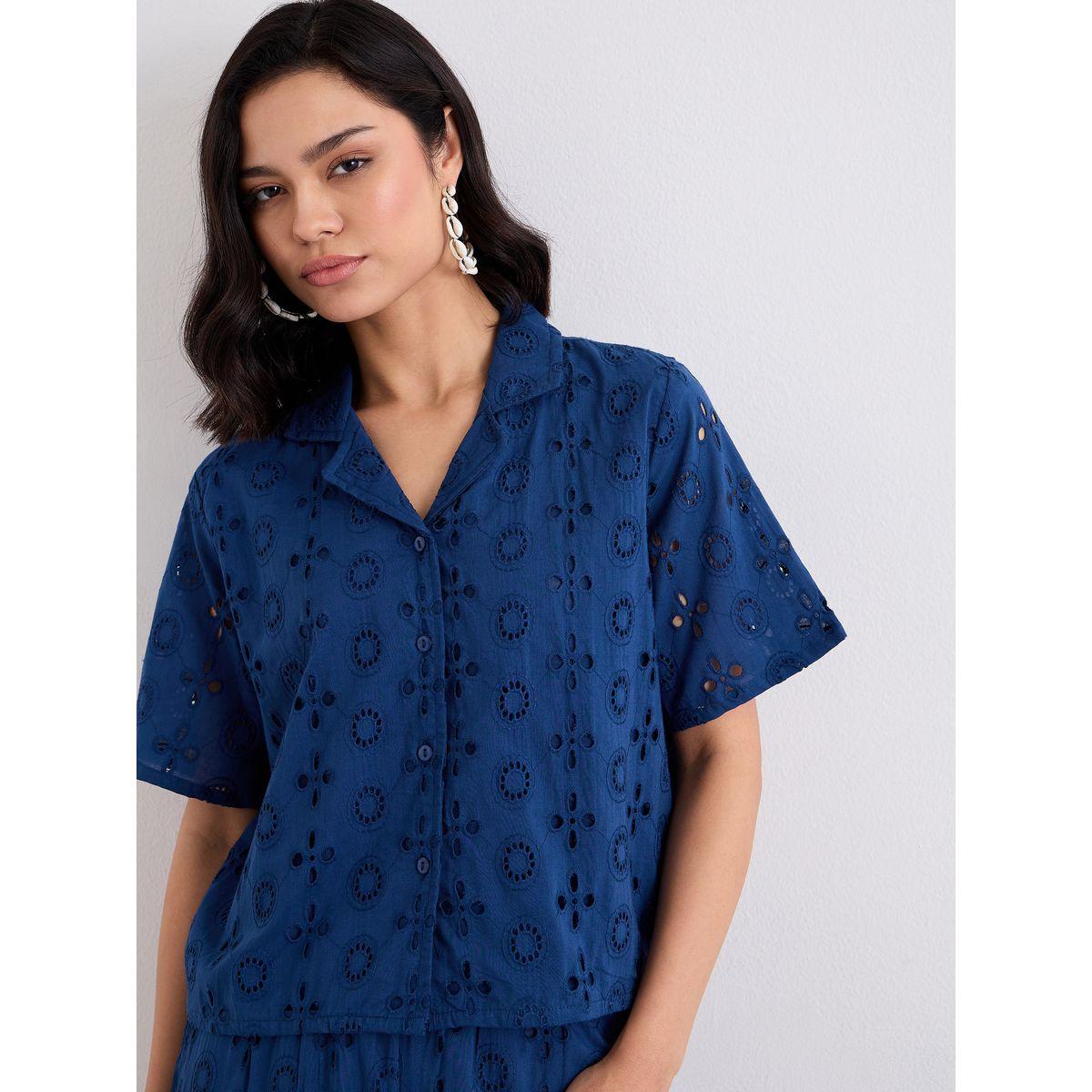 Styli Women Navy Blue Schiffli Shirt and Pants Co-Ords-women-clothing-coordsets-image-3