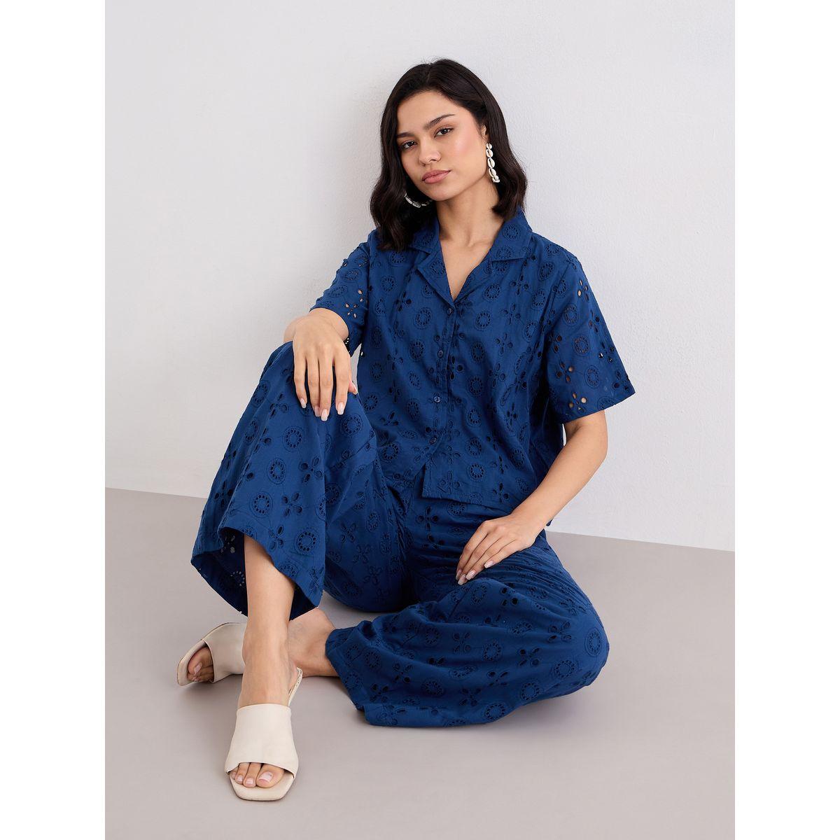 Styli Women Navy Blue Schiffli Shirt and Pants Co-Ords-women-clothing-coordsets-image-5