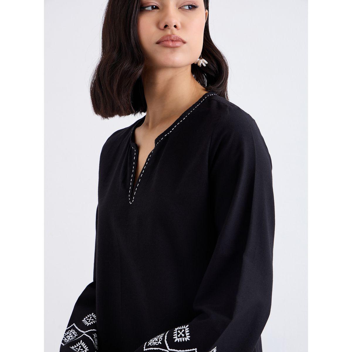 Styli Black Border Print Notch Neck Top and Pants Co-Ords-women-clothing-coordsets-image-3