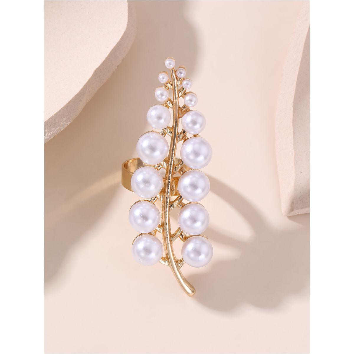 Styli Embellished Faux Pearl Leaf Ring-women-watchesandjewellery-jewellery-rings-image-1