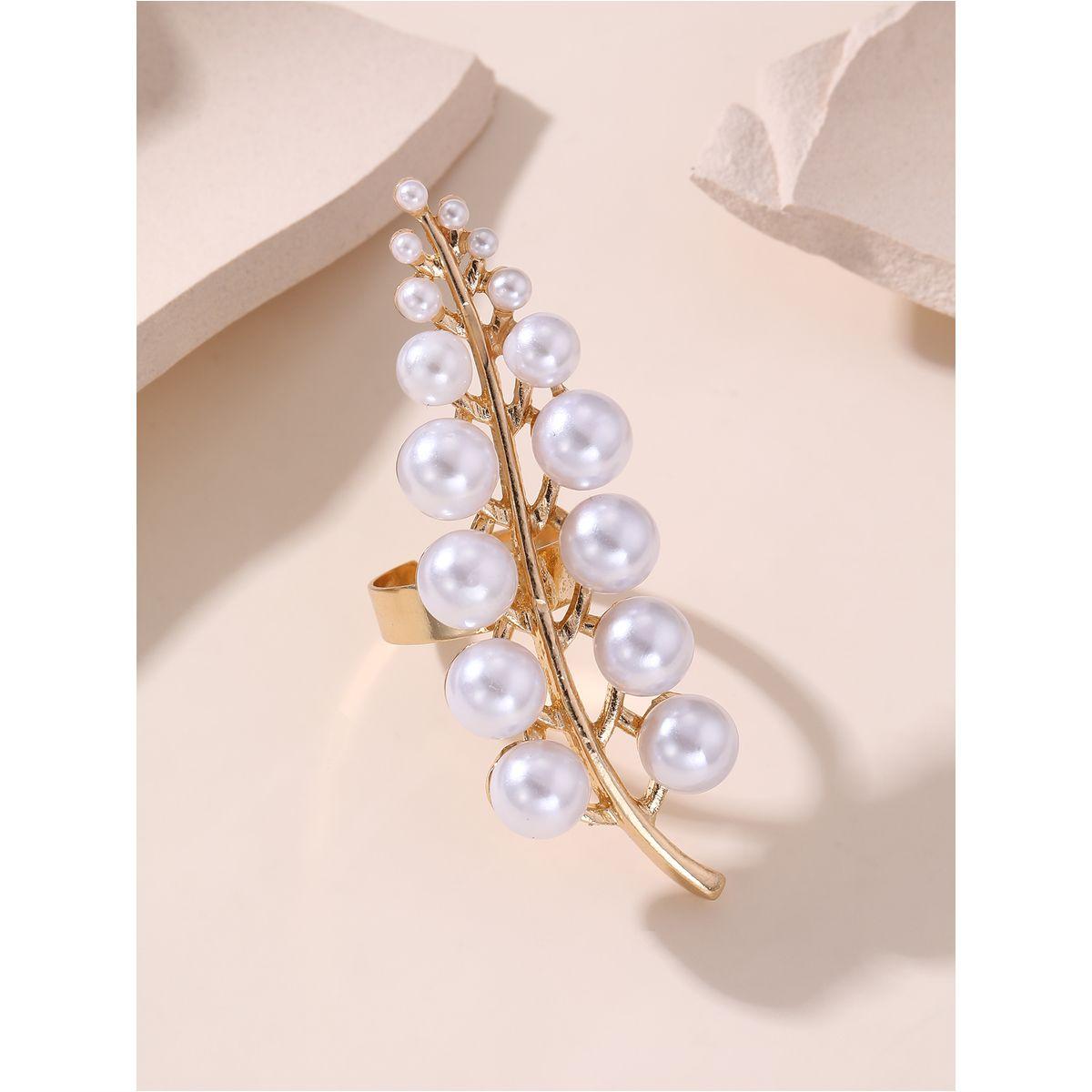 Styli Embellished Faux Pearl Leaf Ring-women-watchesandjewellery-jewellery-rings-image-2