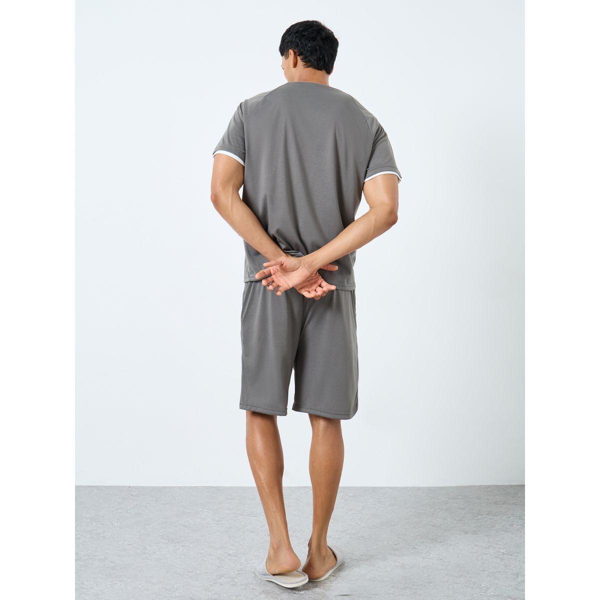 Styli Charcoal Woven Badge Detail T-Shirt and Shorts Set-men-clothing-nightwear-sets-image-4