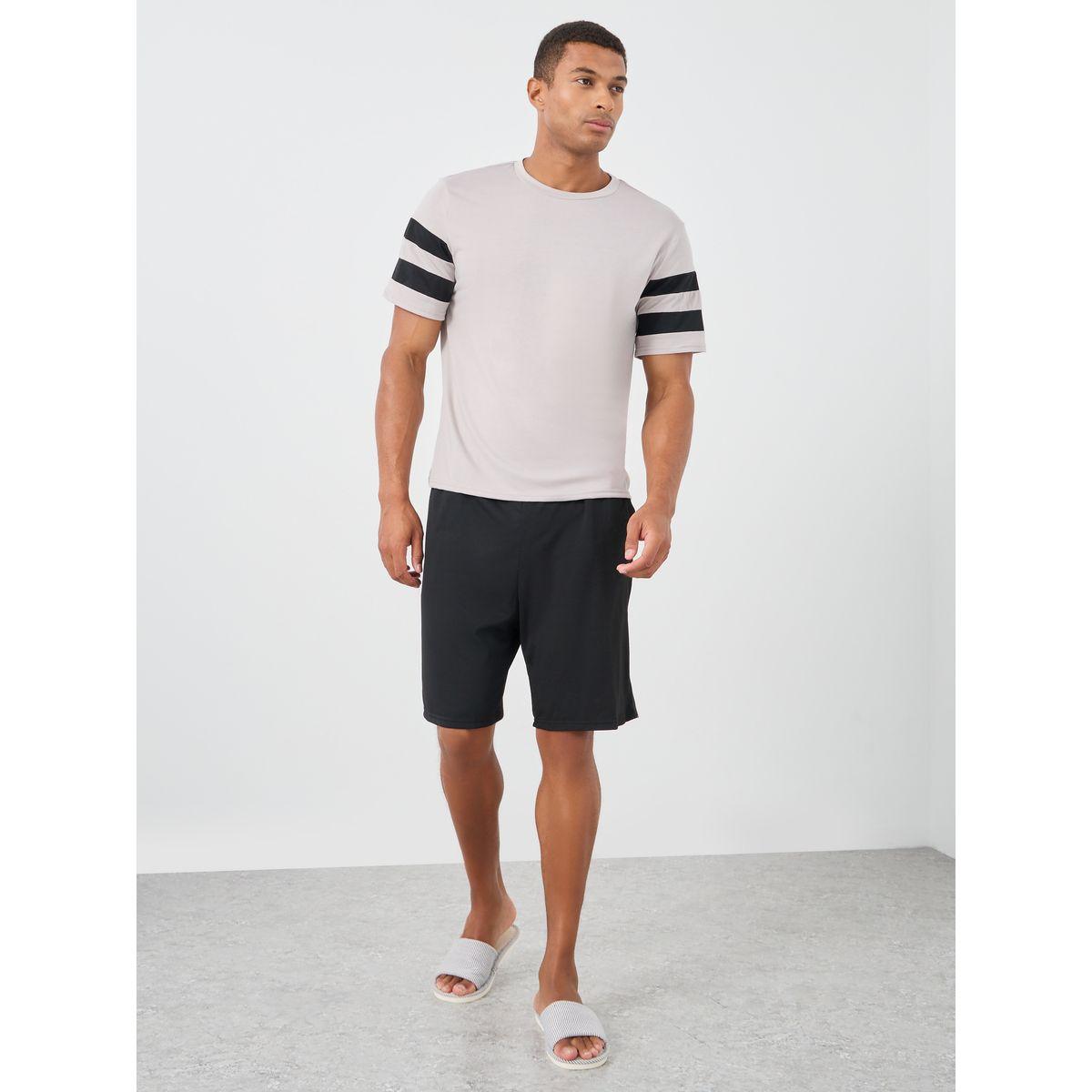 Styli Men Contrast Striped Short Sleeve T-Shirt and Shorts Set-men-clothing-nightwear-sets-image-1