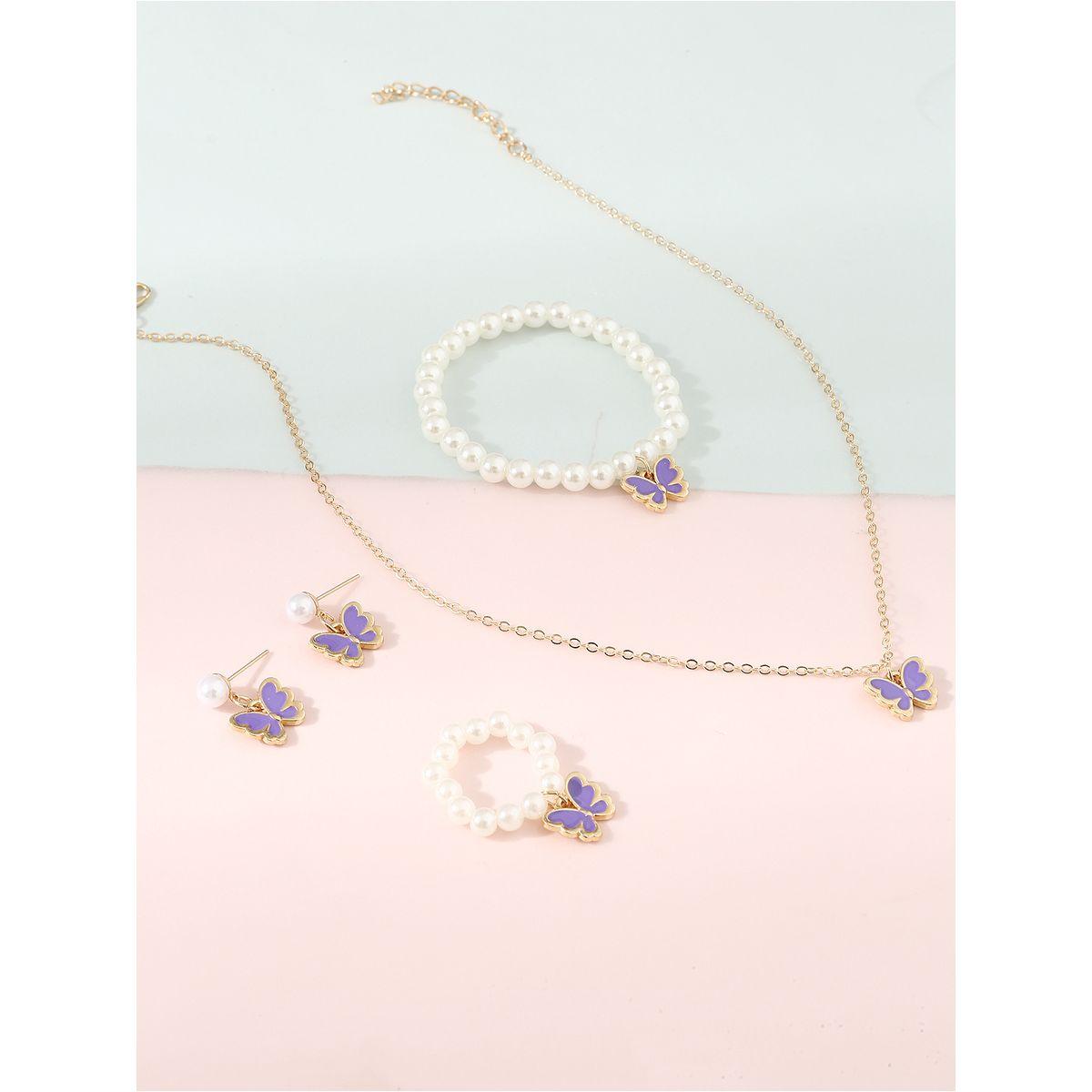 Styli Set of 4 - Butterfly Pendant Faux Pearl Necklace, Bracelet, Earrings and Ring-women-watchesandjewellery-jewellery-jewellerysets-image-2