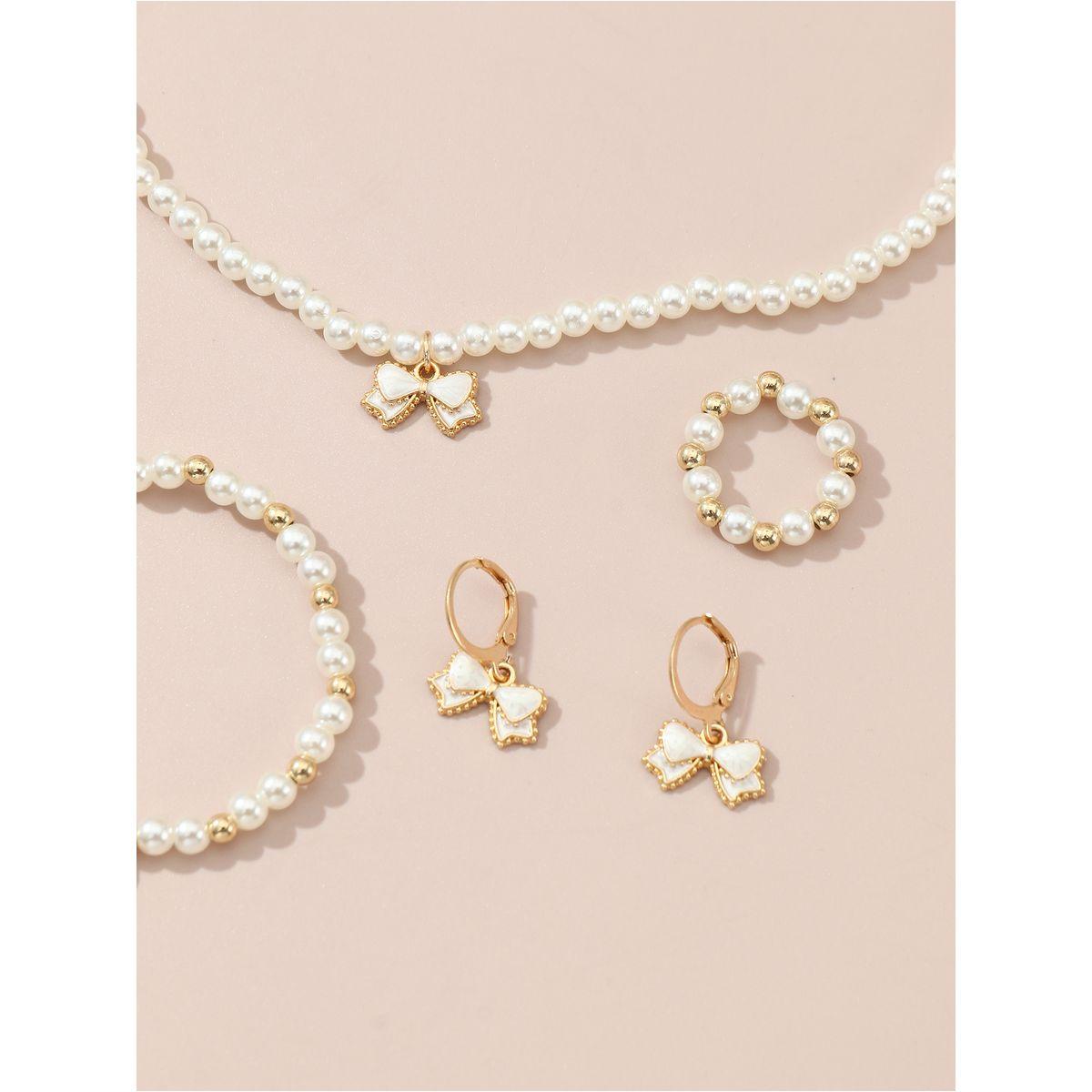 Styli Set of 4 - Bow Pendant Faux Pearl Necklace, Bracelet, Earrings and Ring-women-watchesandjewellery-jewellery-jewellerysets-image-1