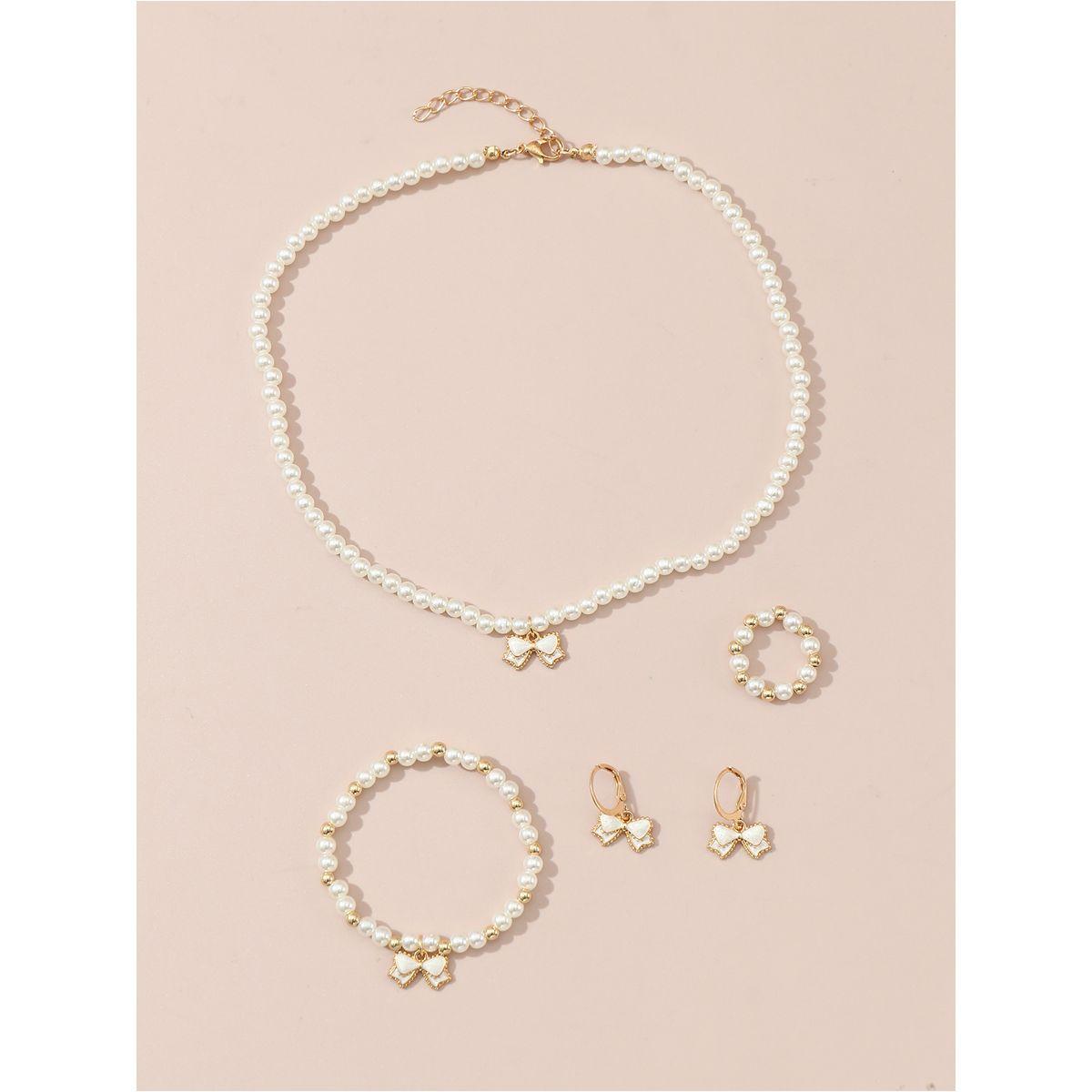 Styli Set of 4 - Bow Pendant Faux Pearl Necklace, Bracelet, Earrings and Ring-women-watchesandjewellery-jewellery-jewellerysets-image-2