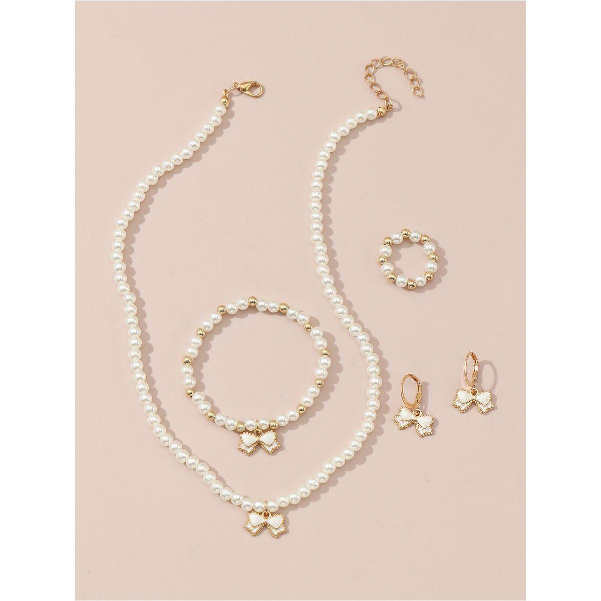 Styli Set of 4 - Bow Pendant Faux Pearl Necklace, Bracelet, Earrings and Ring-women-watchesandjewellery-jewellery-jewellerysets-image-3