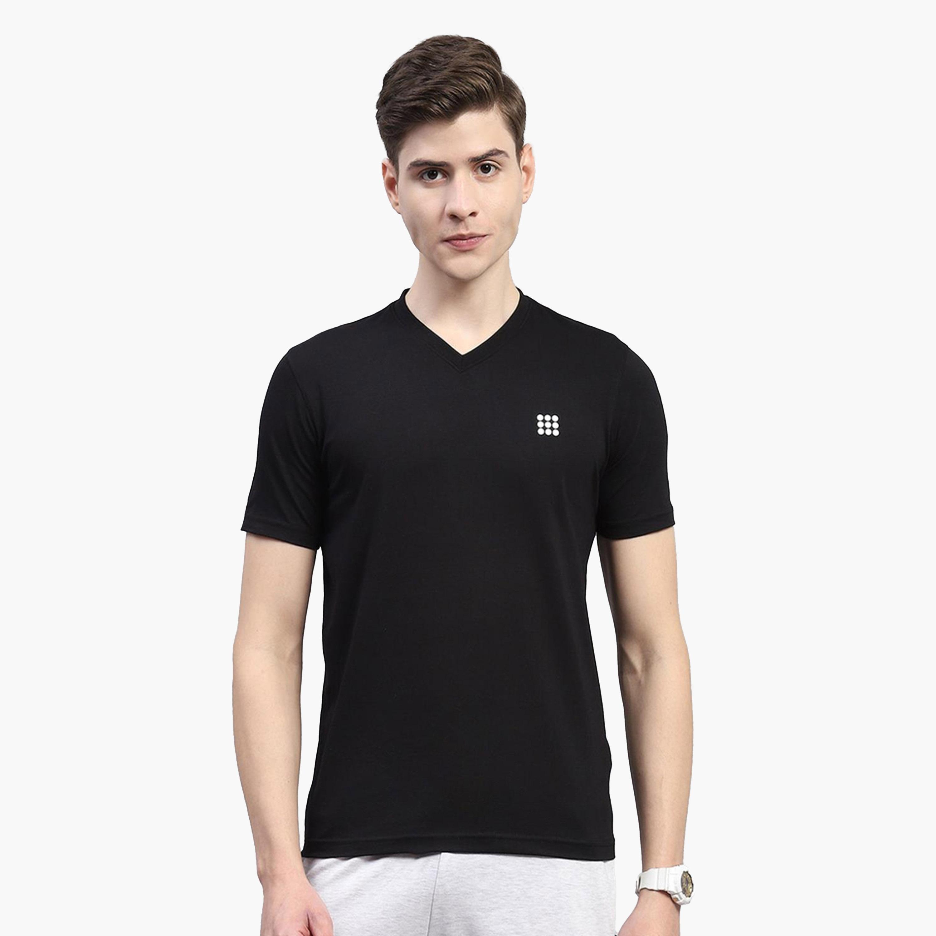 روك.ات ×ستايلي-  تي شيرت رجالي أسود سادة رقبة تصميم حرف V وأكمام قصيرة-men-clothing-tshirtsandpolos-tshirts-image-1
