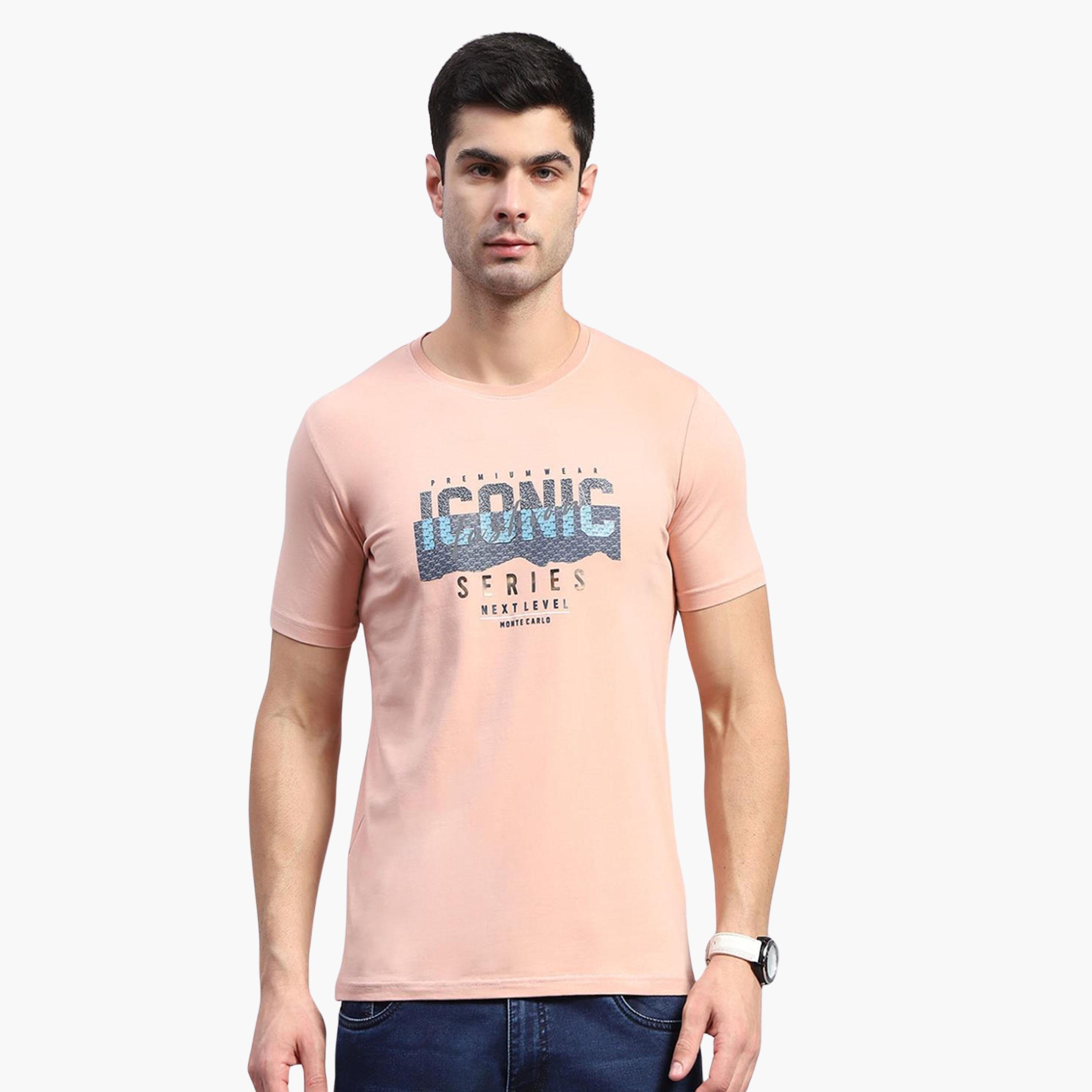 مونت كارلو × ستايلي-  تي شيرت رجالي رقبة دائرية مطبوع باللون الخوخي-men-clothing-tshirtsandpolos-tshirts-image-1