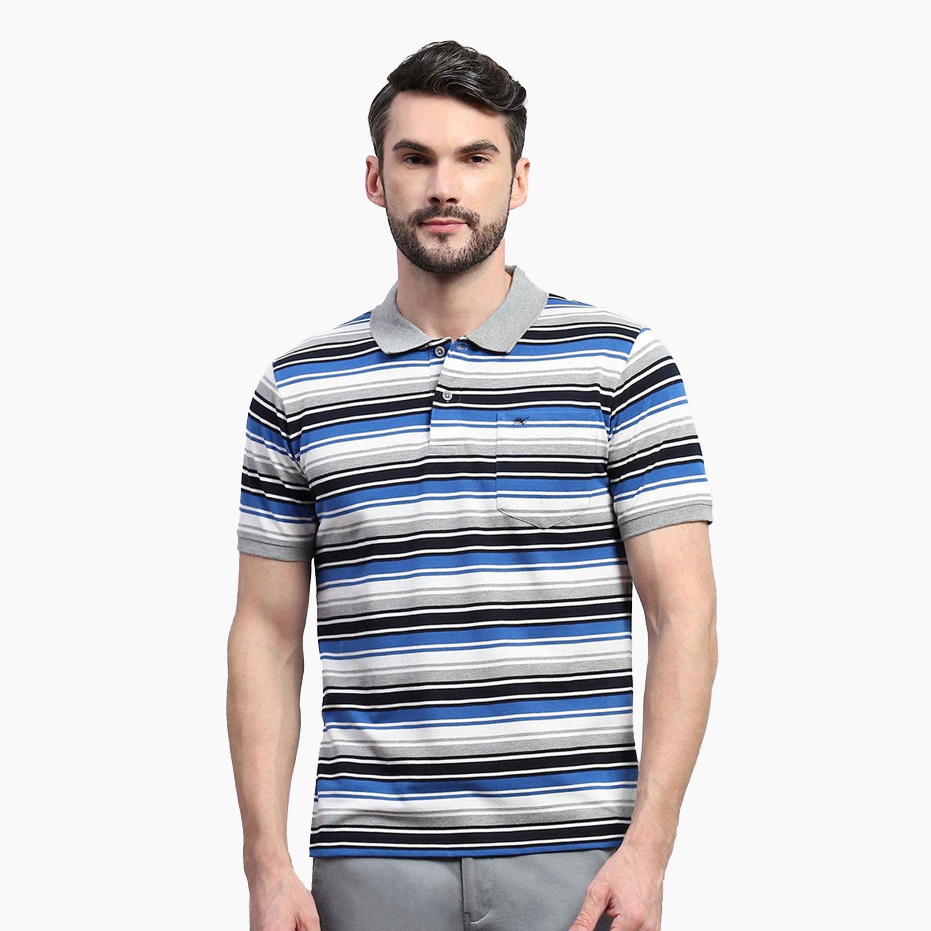 Monte Carlo X Styli Men Grey & Blue Striped Collared Neck Half Sleeve Tshirt-men-clothing-tshirtsandpolos-tshirts-image-1