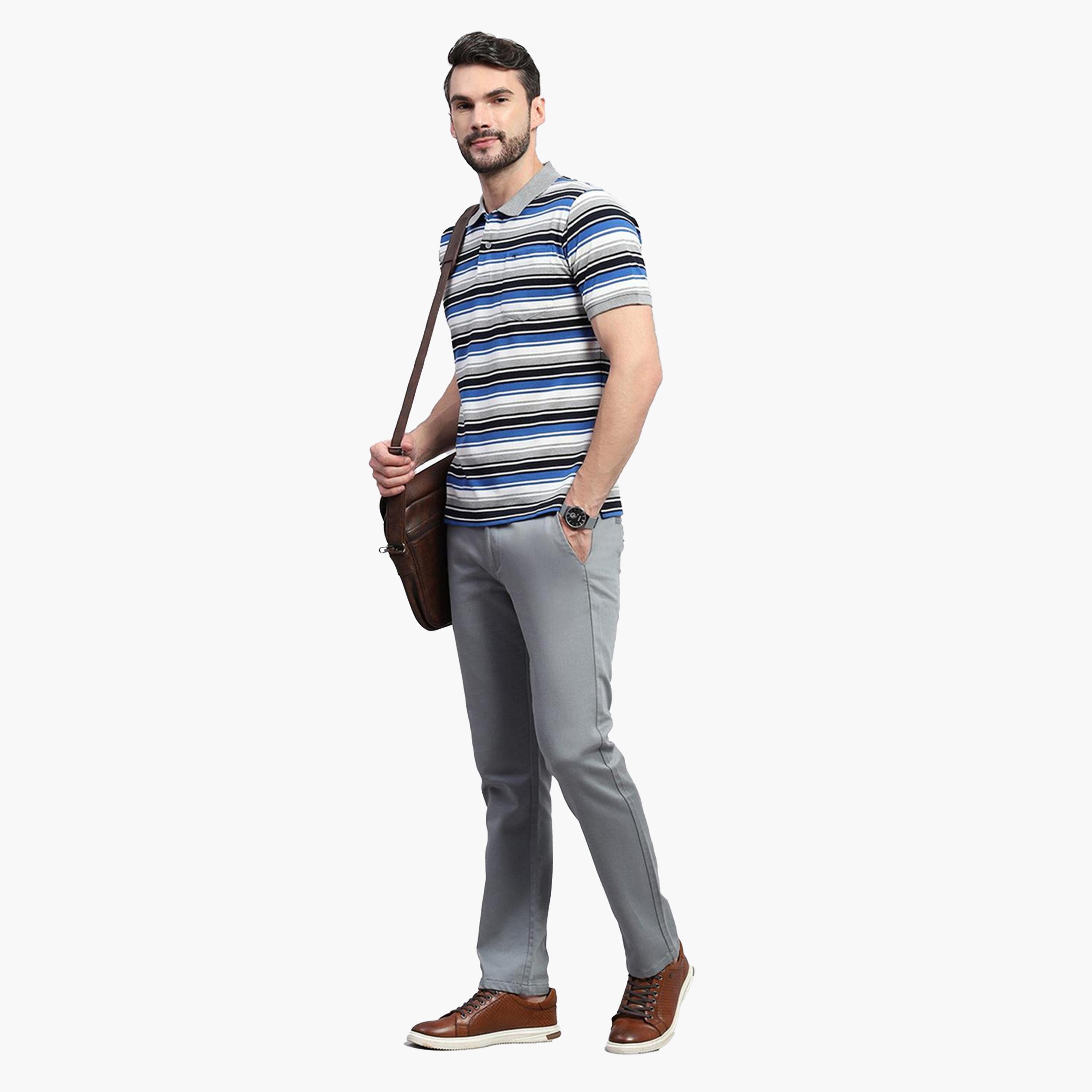 Monte Carlo X Styli Men Grey & Blue Striped Collared Neck Half Sleeve Tshirt-men-clothing-tshirtsandpolos-tshirts-image-2